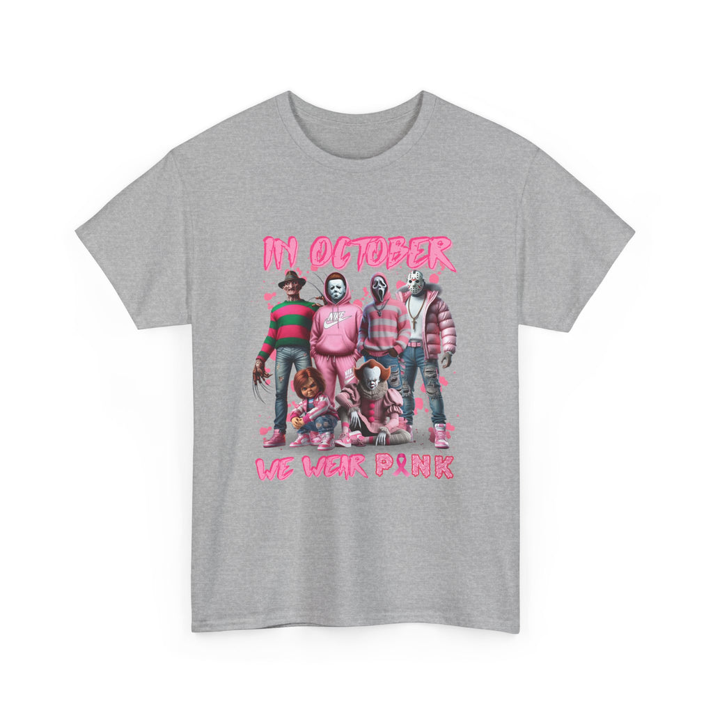 T-Shirt — "In October We Wear Pink" Breast Cancer Awareness Horror Characters Tee