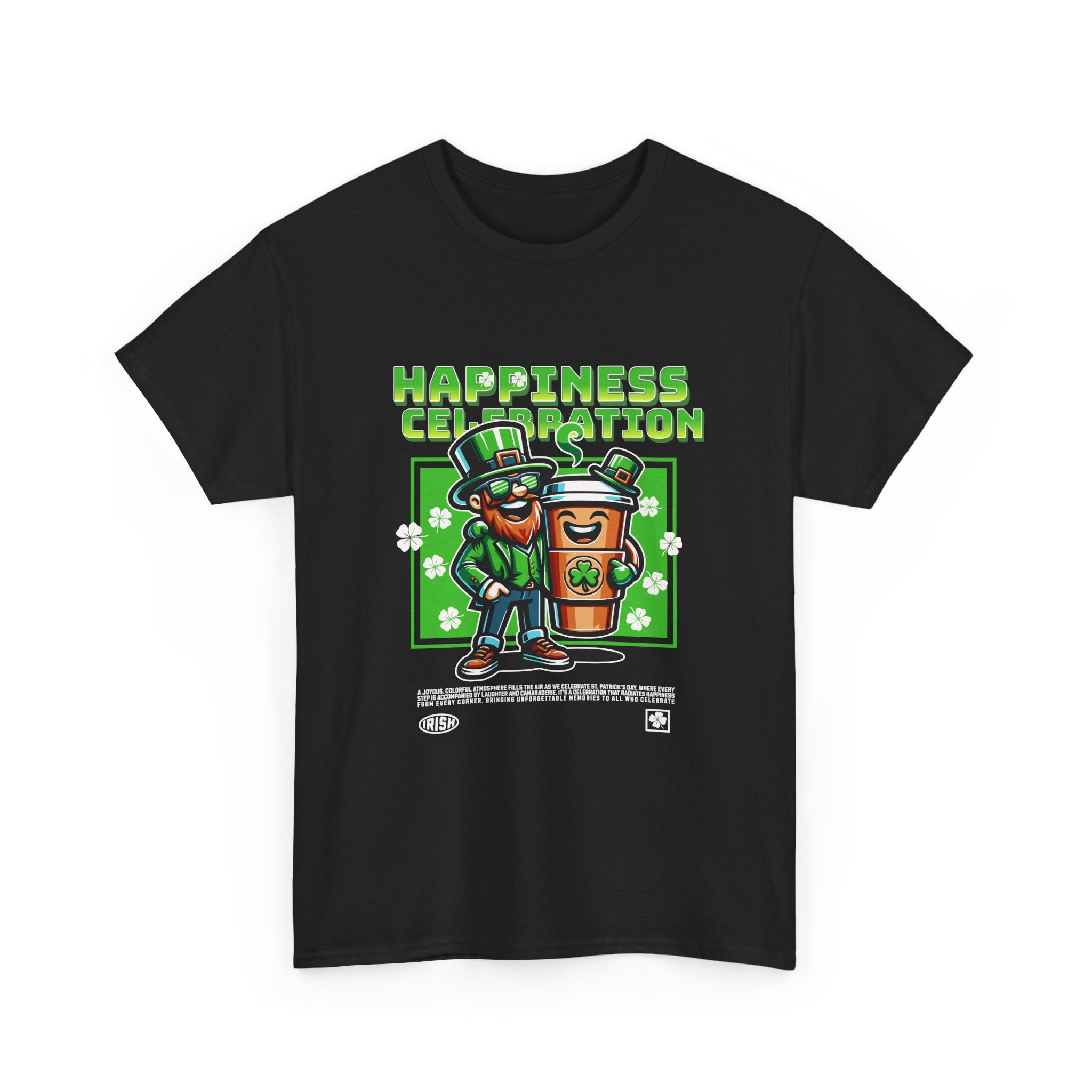 St. Patrick’s Day Happiness Celebration T-Shirt — "Happiness Celebration" Leprechaun with Beer Graphic