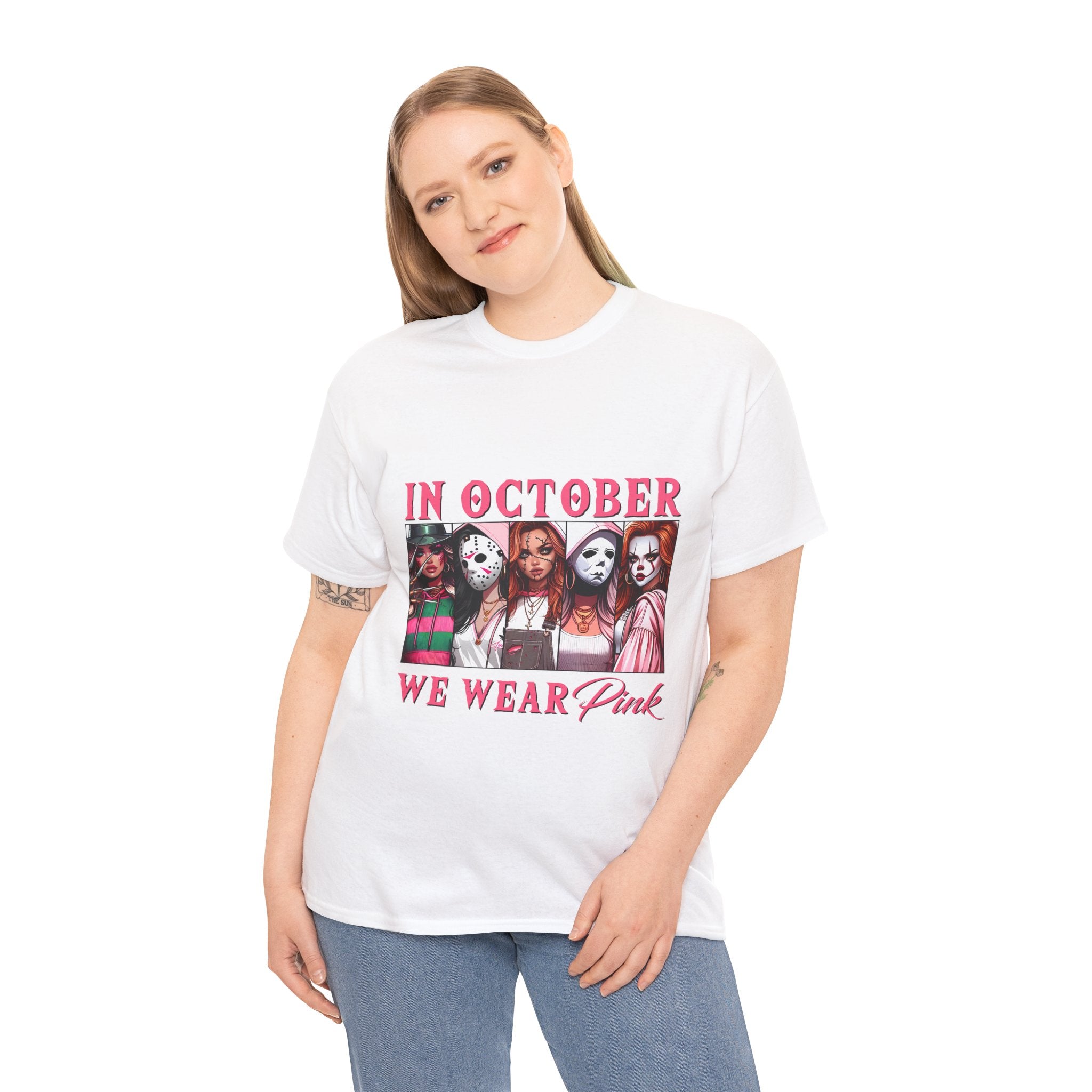 October We Wear Pink Horror Movie Characters T-Shirt — Breast Cancer Awareness Tee