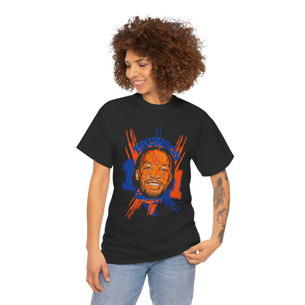 Jalen Brunson 11 Graphic Tee — Vintage Orange & Blue Portrait Design
