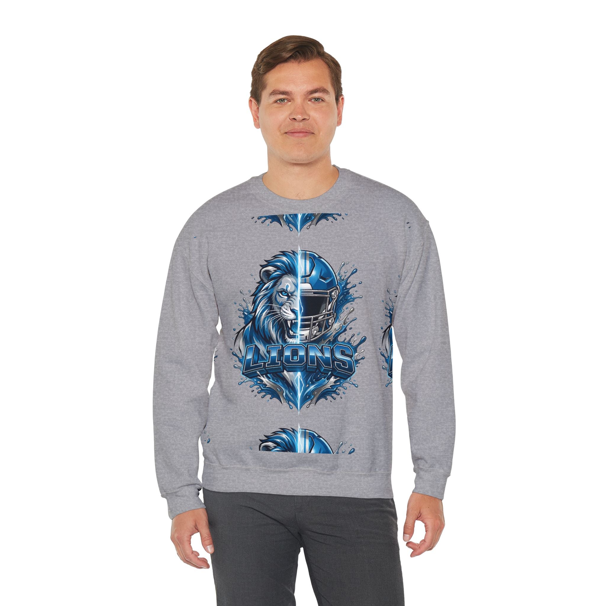 Lions Football Crewneck Sweatshirt — Blue Lion Helmet Graphic