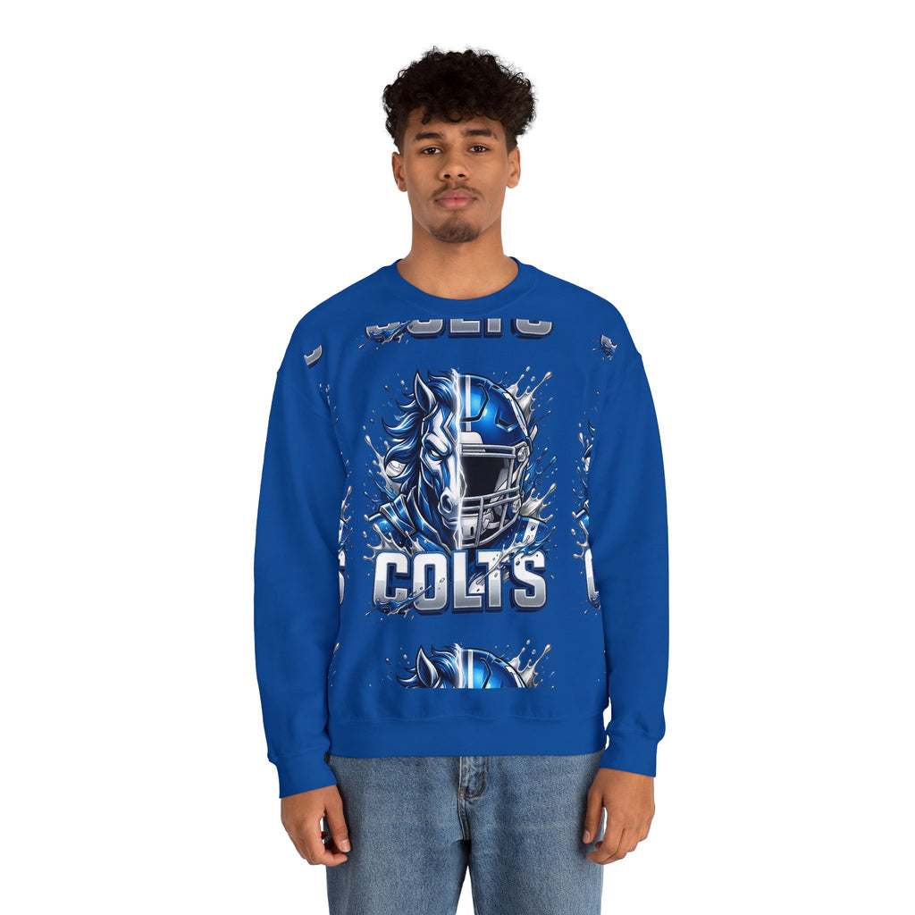 Colts Football Crewneck Sweatshirt — Blue Horse Helmet Team Graphic
