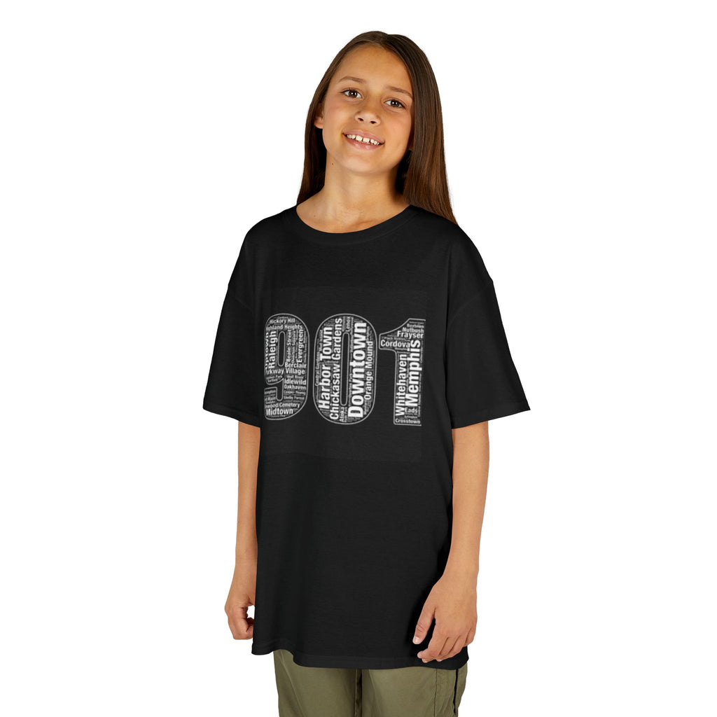901 Kids T‑Shirt – Memphis Area Code Word Cloud Tee (Black)
