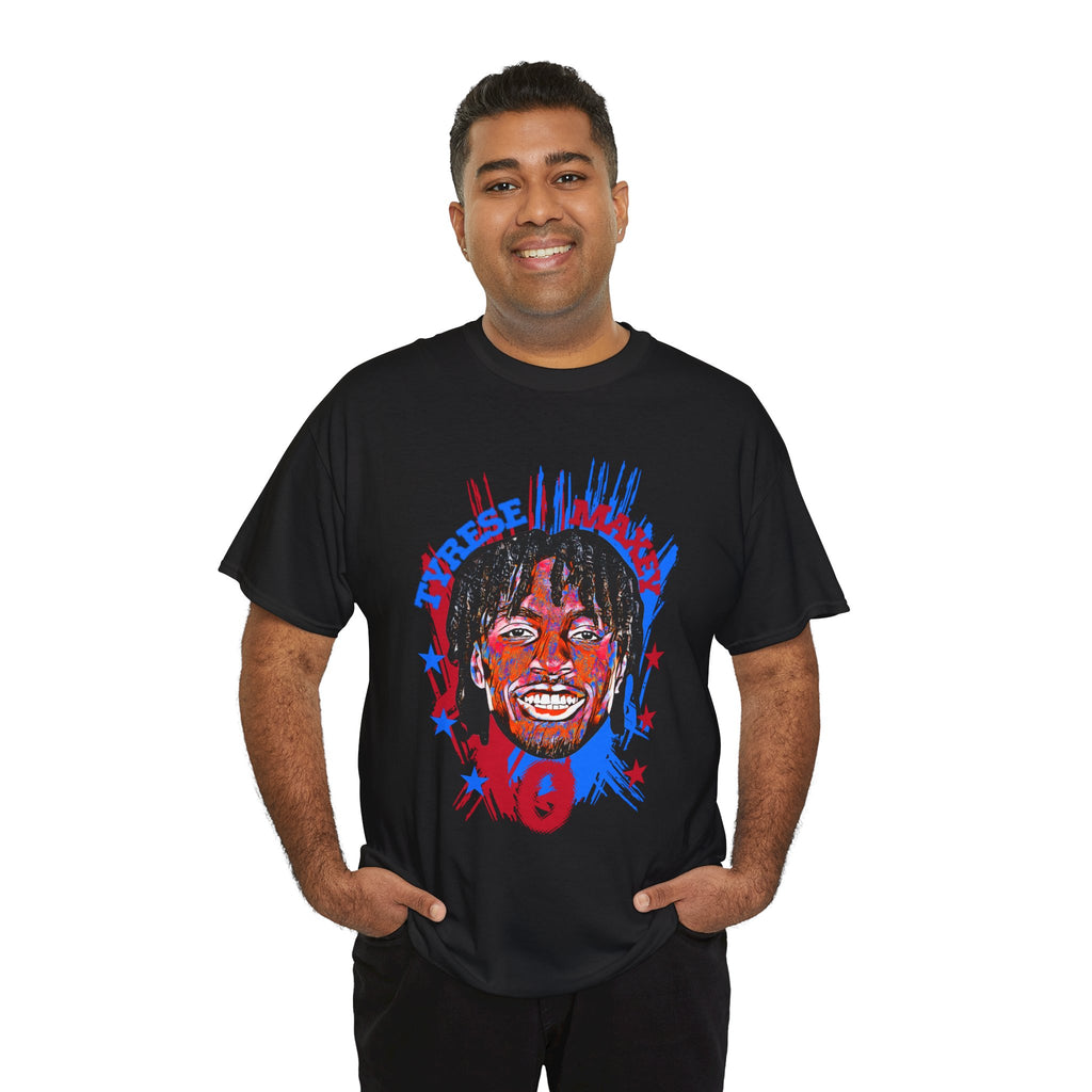 Tyrese Maxey #0 Graphic Tee — Retro Red & Blue Portrait Design