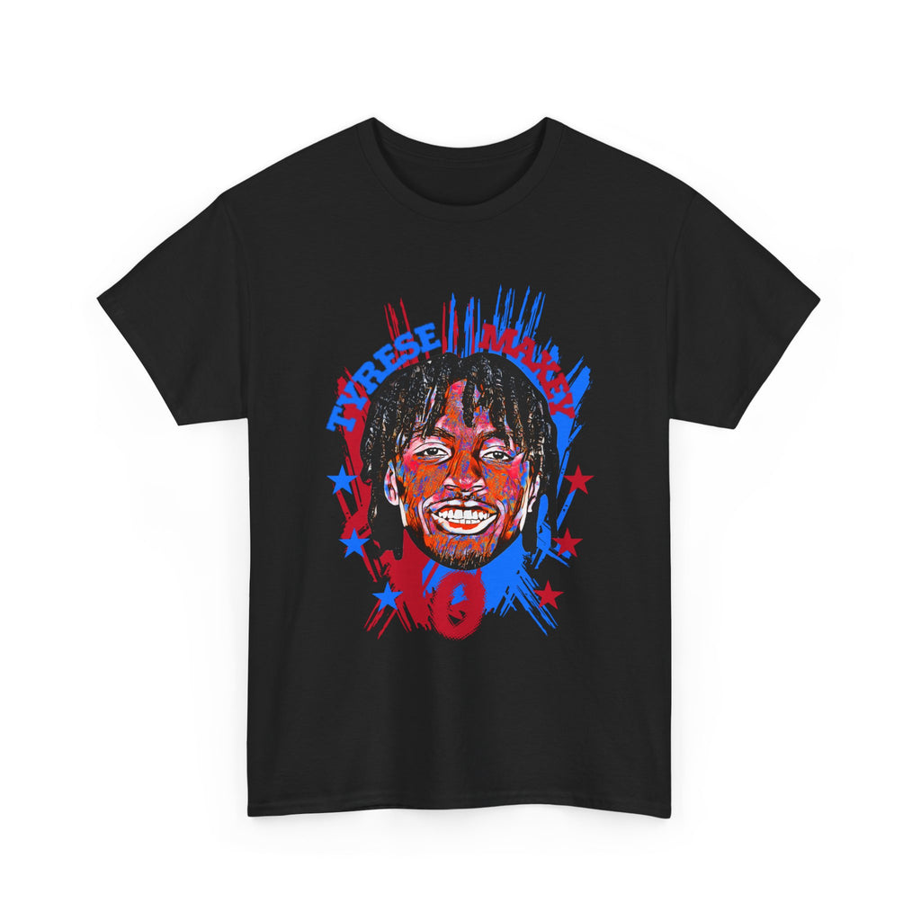 Tyrese Maxey #0 Graphic Tee — Retro Red & Blue Portrait Design