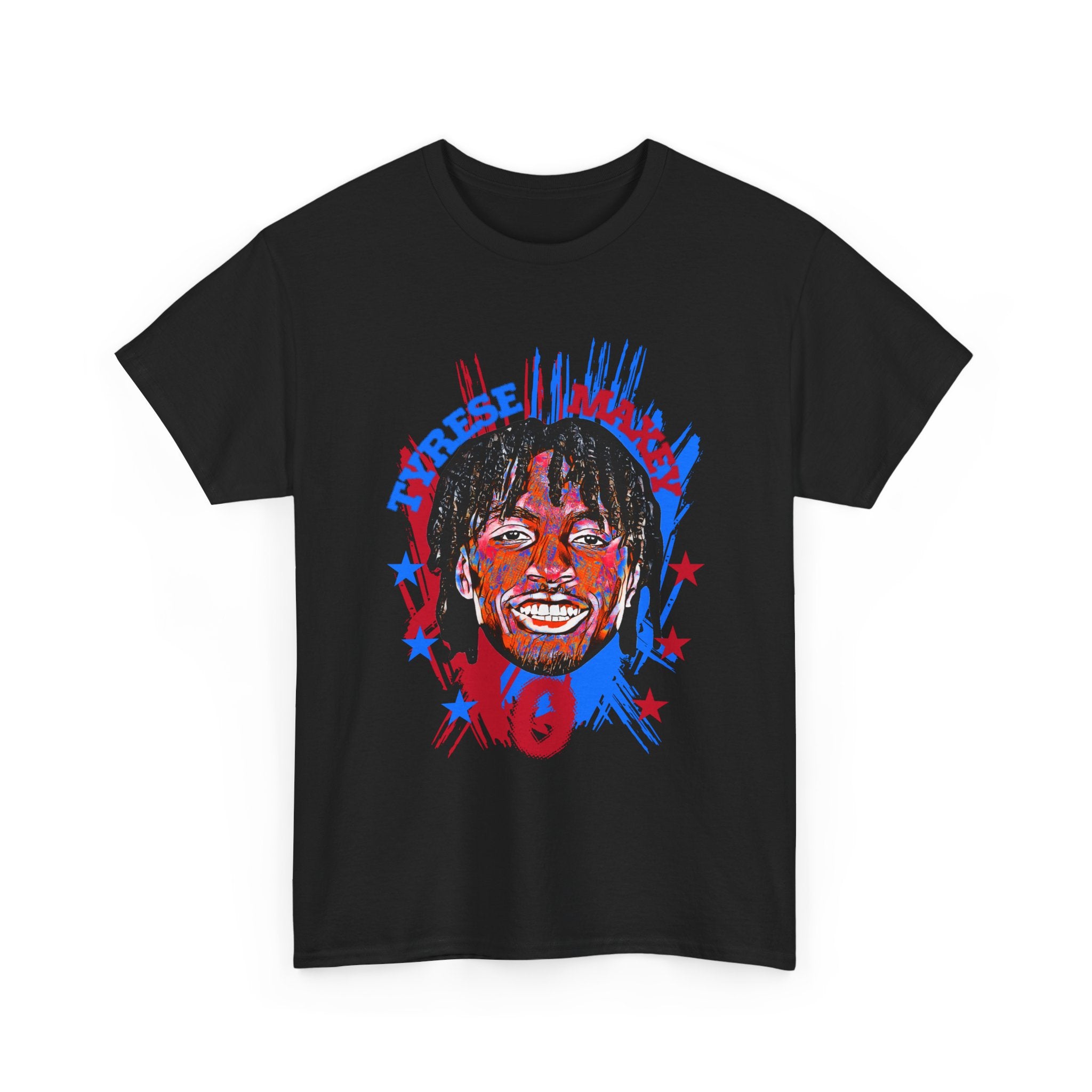 Tyrese Maxey #0 Graphic Tee — Retro Red & Blue Portrait Design