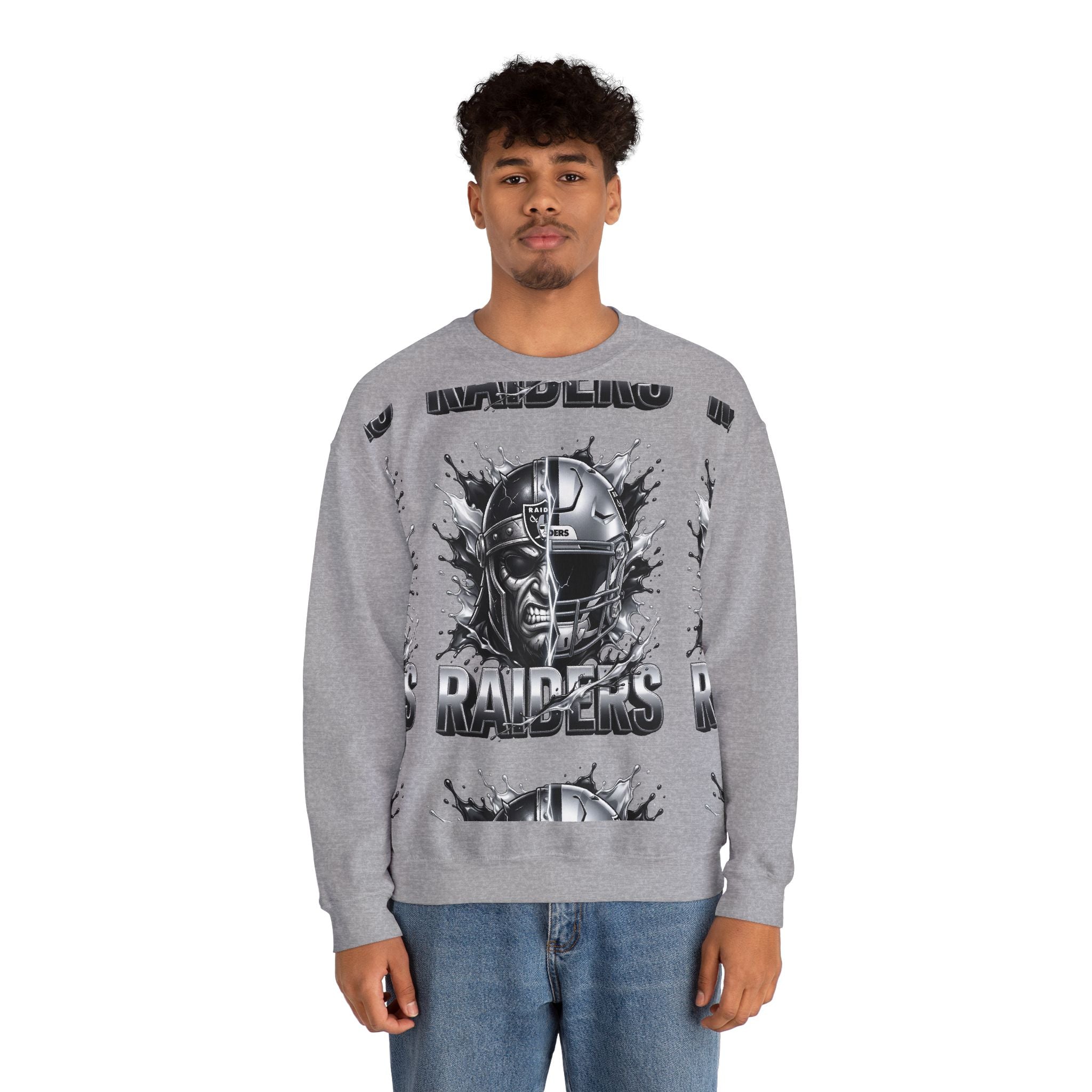 Raiders Graphic Sweatshirt — Silver Helmet & Raider Face Crewneck