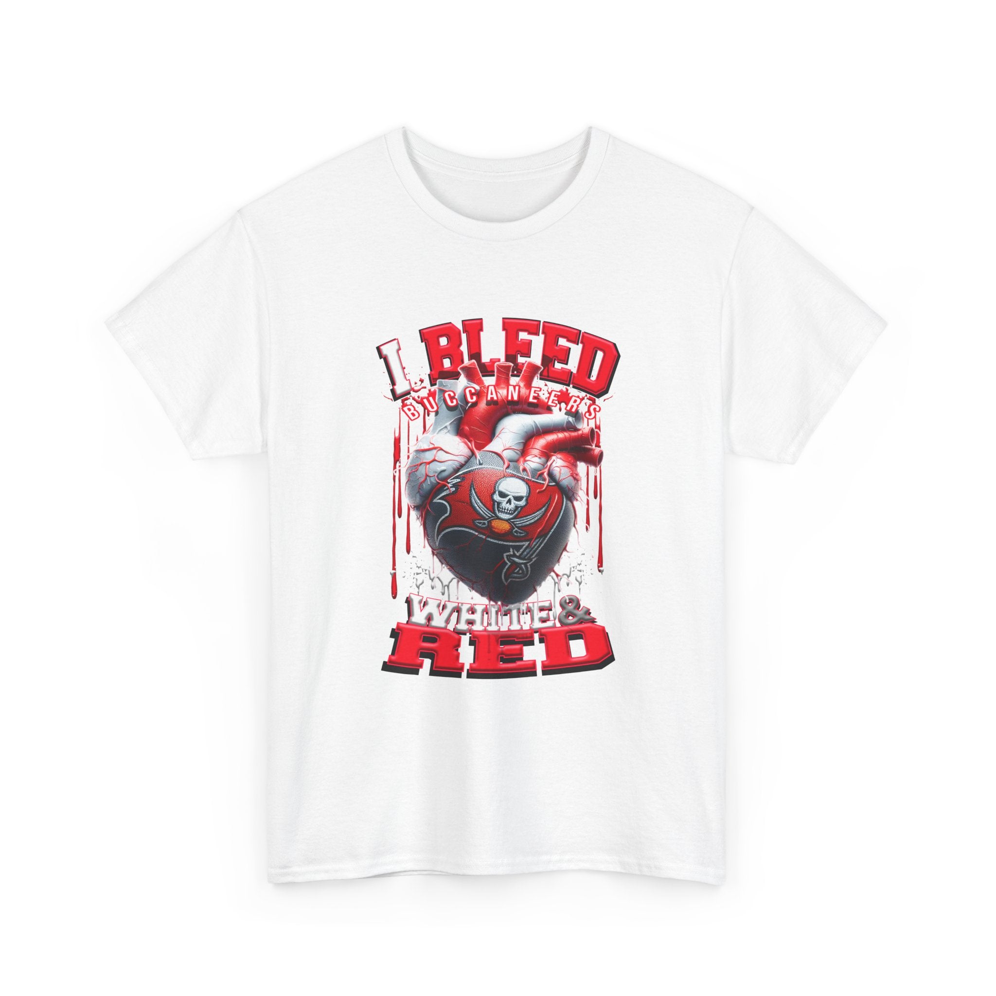 I Bleed Buccaneer Red T-Shirt — Football Fan Heart Graphic Tee