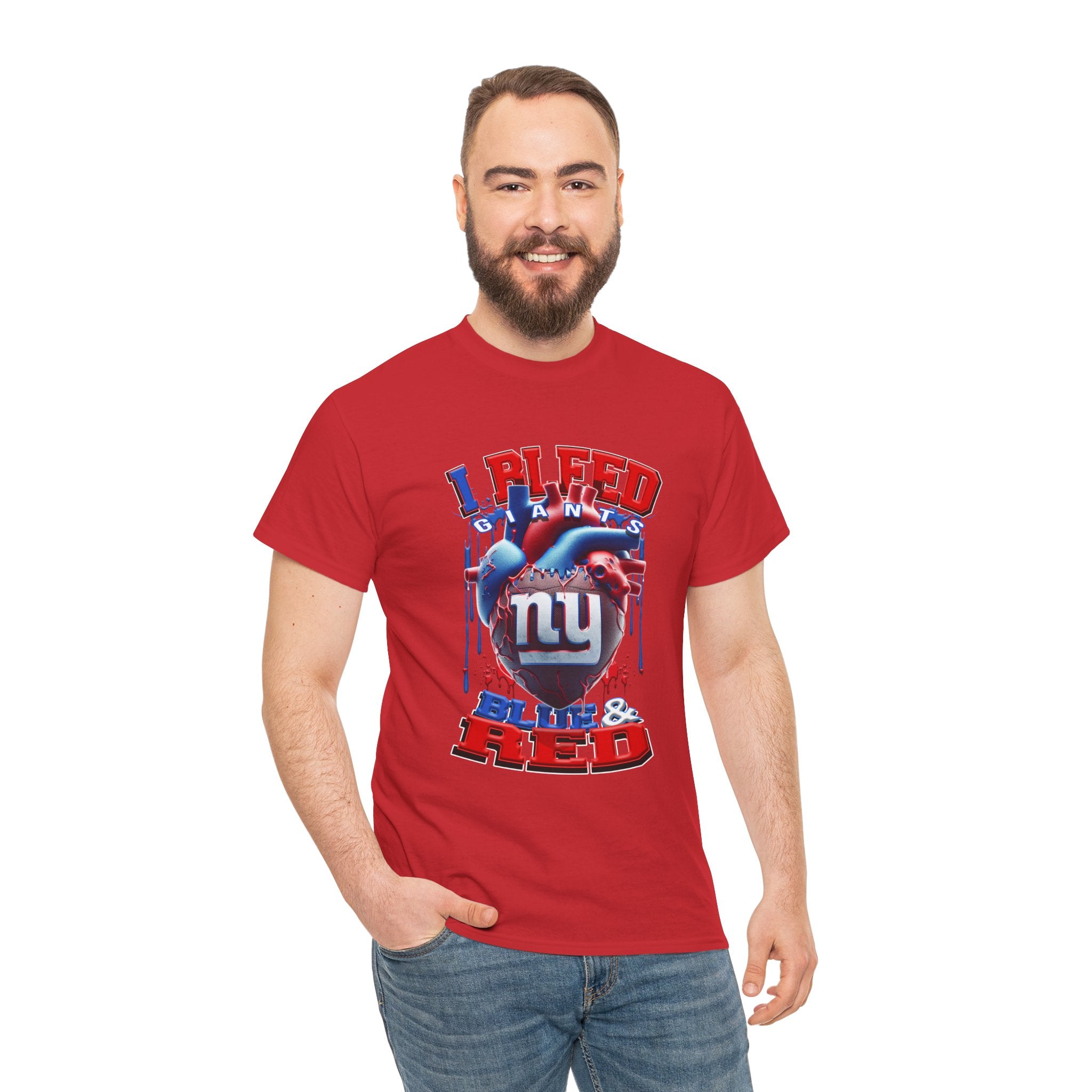 T-Shirt — Giants 'I Bleed Blue & Red' Football Fan Heart Graphic Tee (I Bleed Blue & Red)
