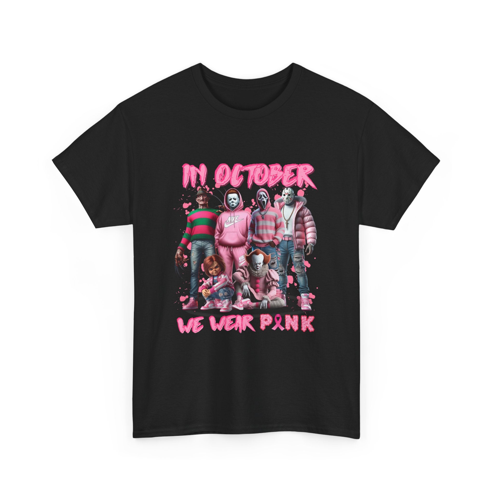 T-Shirt — "In October We Wear Pink" Breast Cancer Awareness Horror Characters Tee