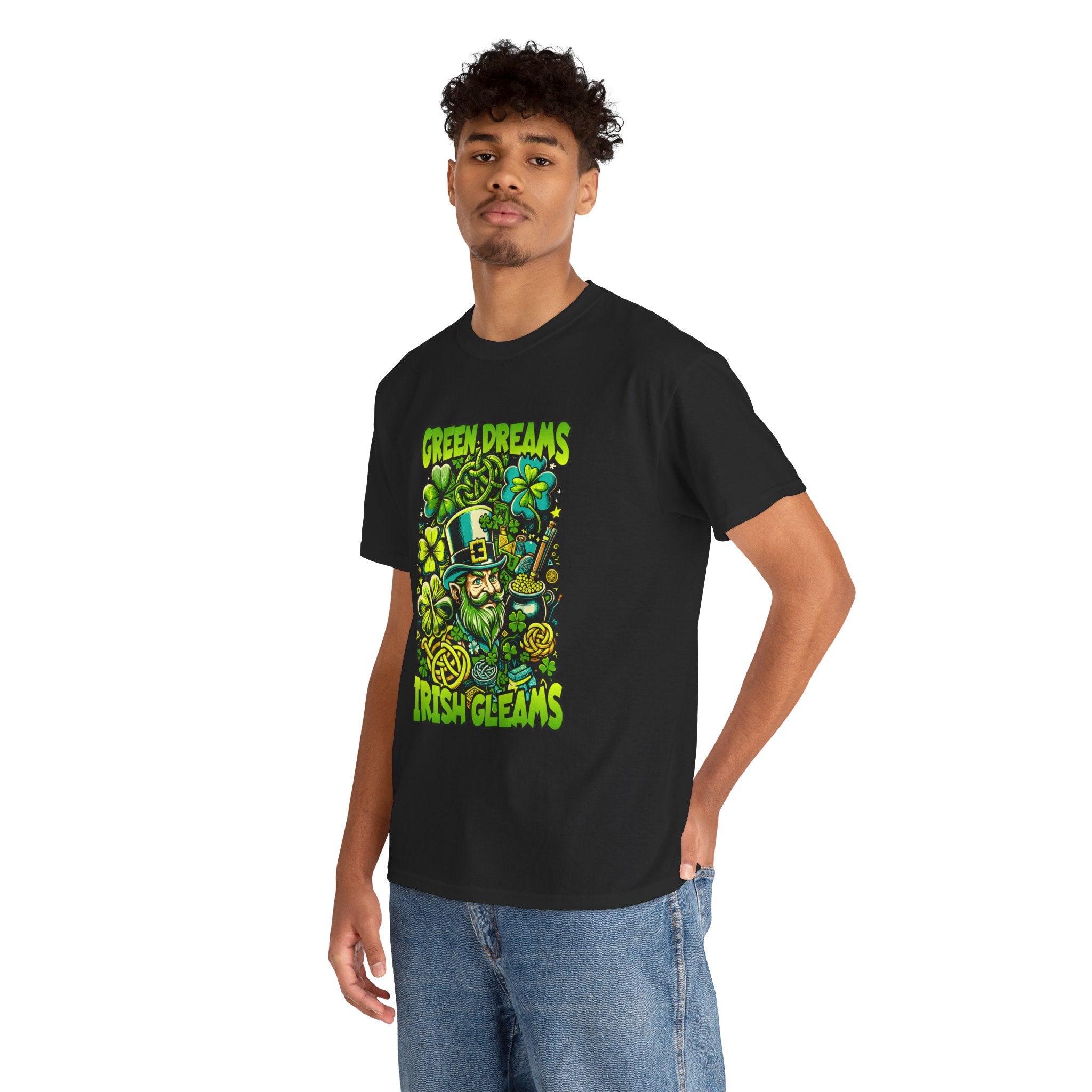 St. Patrick's Day Green Dreams Irish Gleams Tee — "Green Dreams, Irish Gleams" Leprechaun Graphic T-Shirt