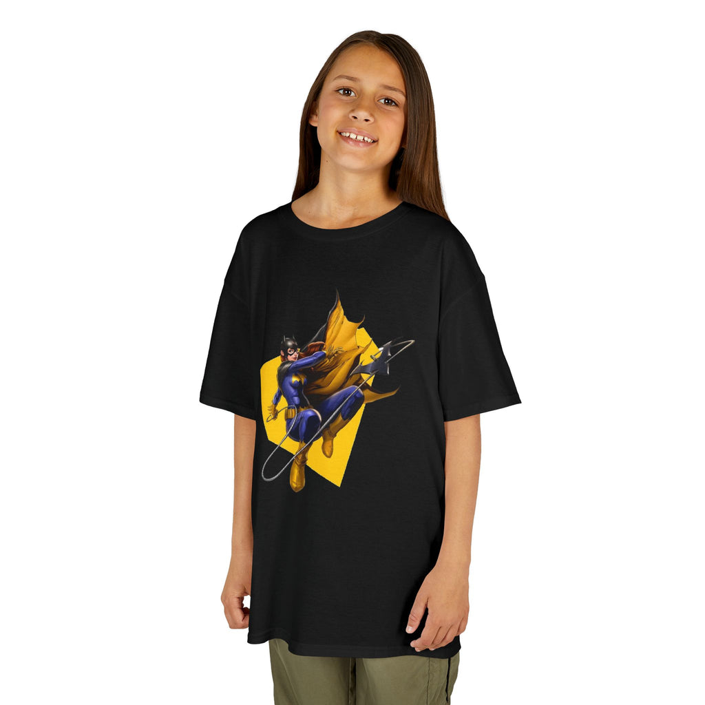Batgirl Kids Superhero Tee — Yellow Cape Action Graphic