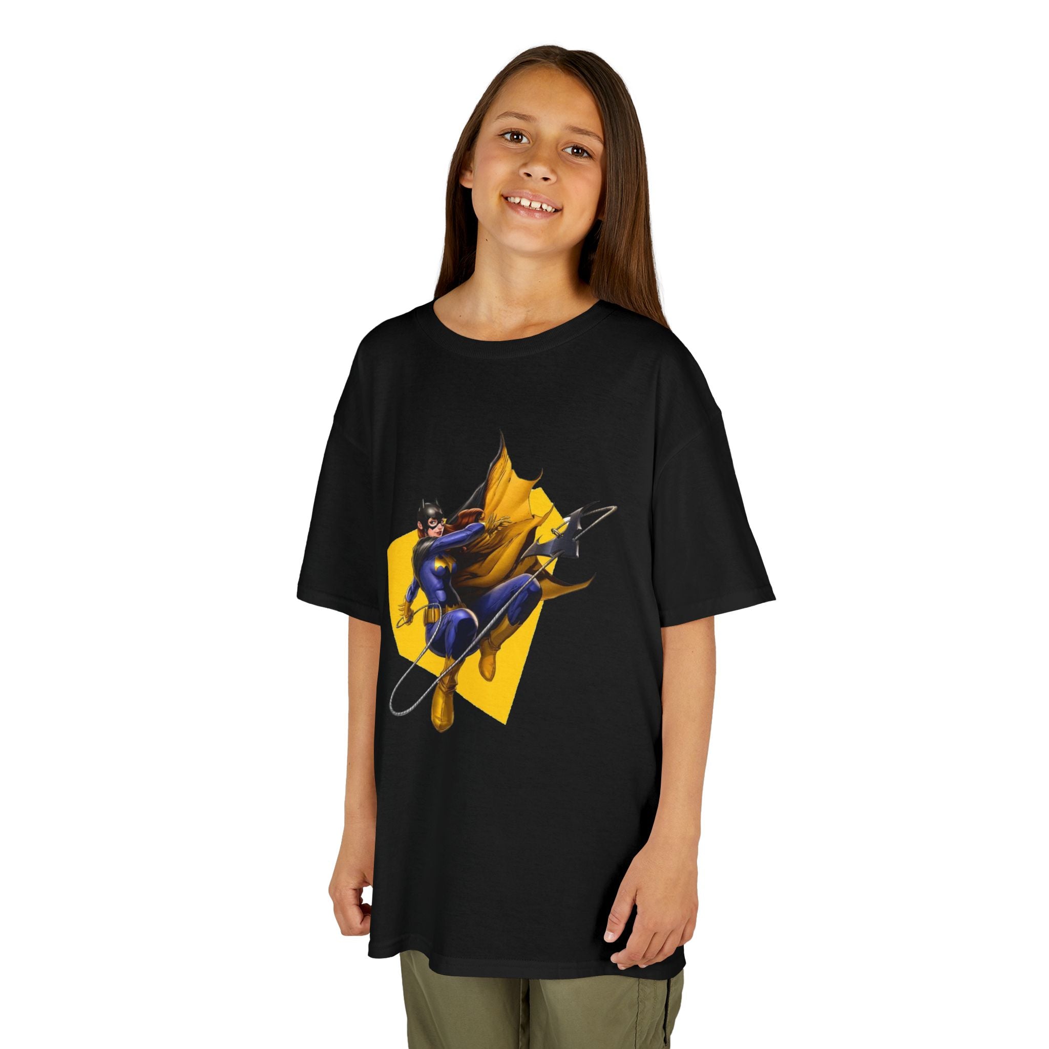 Batgirl Kids Superhero Tee — Yellow Cape Action Graphic