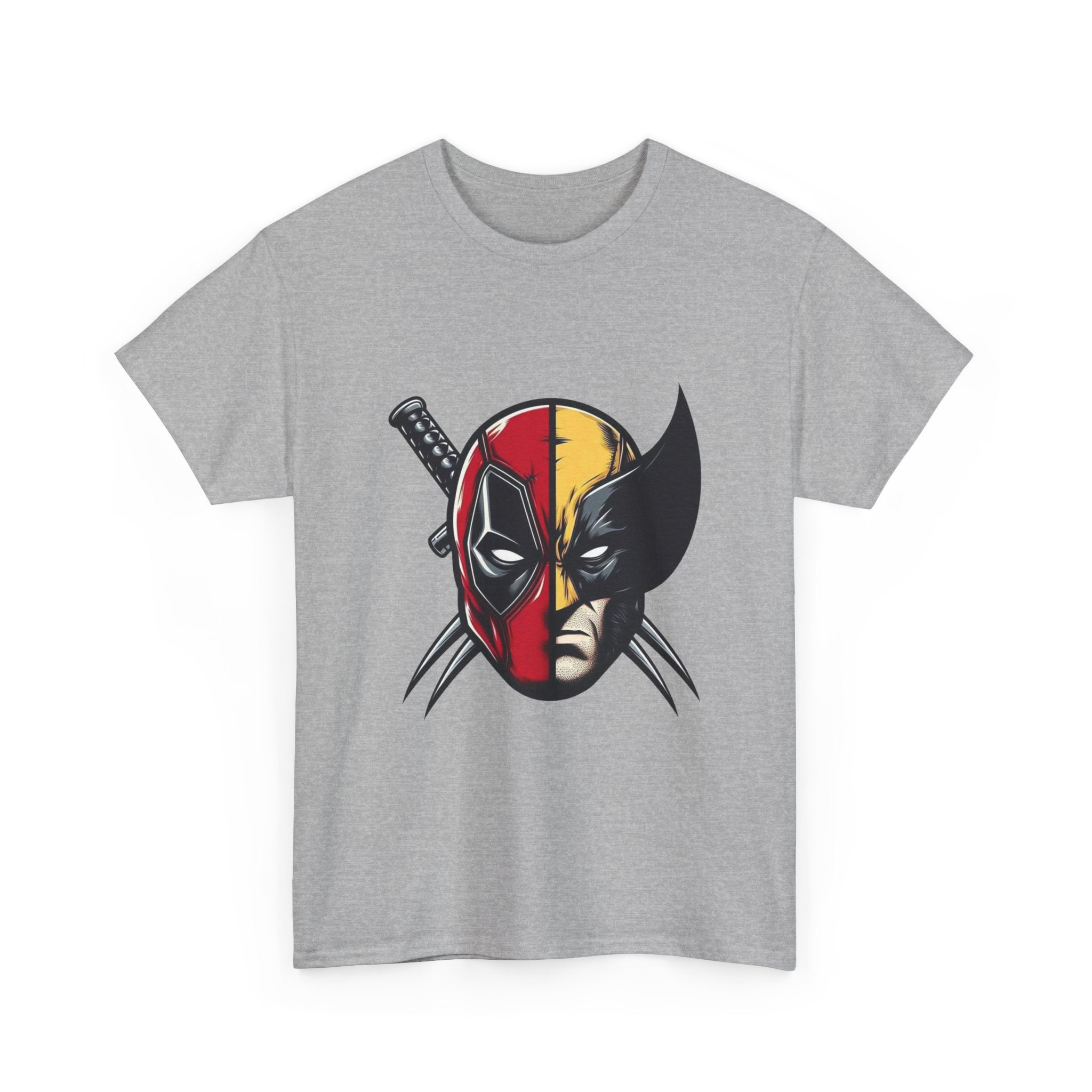 Deadpool x Wolverine Comic Mashup Mask T‑Shirt — Deadpool x Wolverine Face Graphic Tee