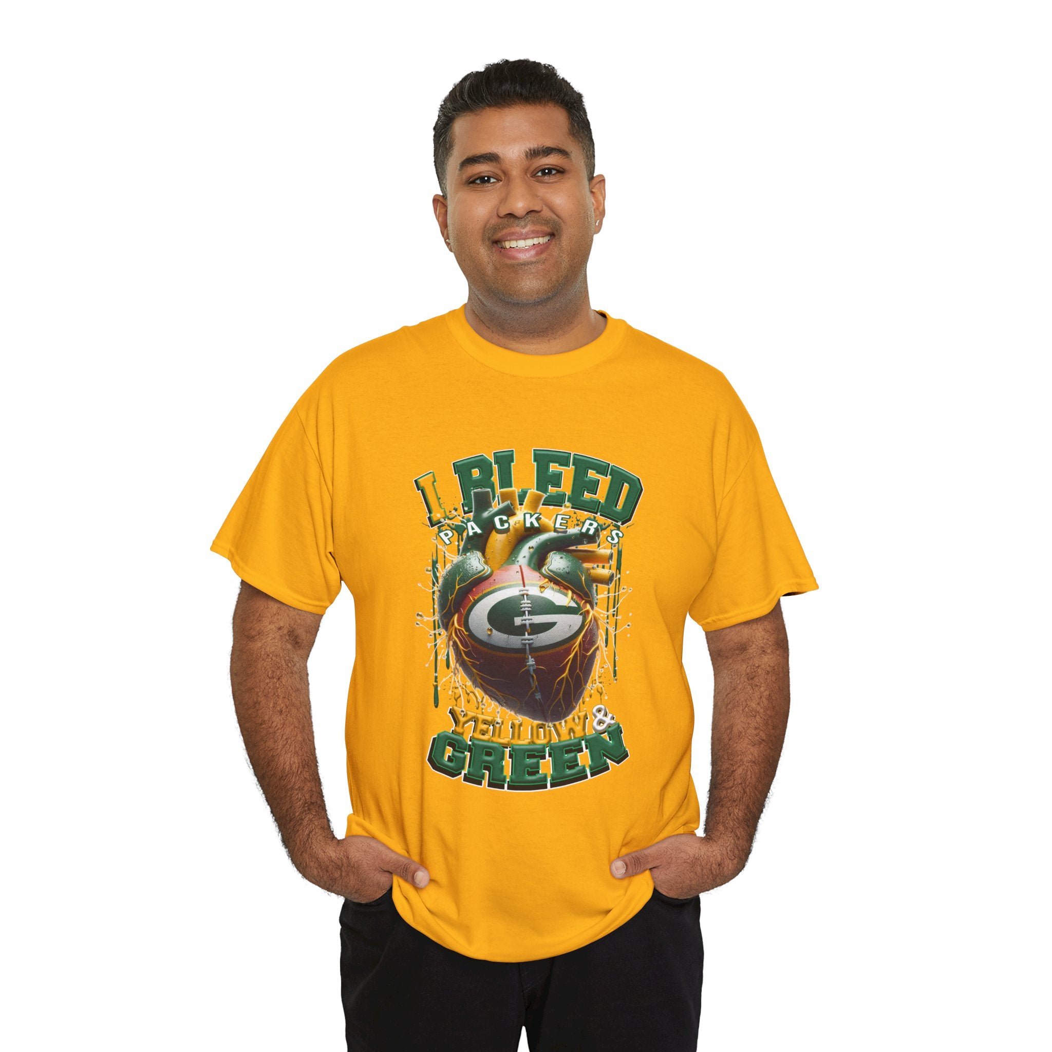 Green Bay 'I Bleed Yellow & Green' T-Shirt — Vintage Football Helmet Fan Tee