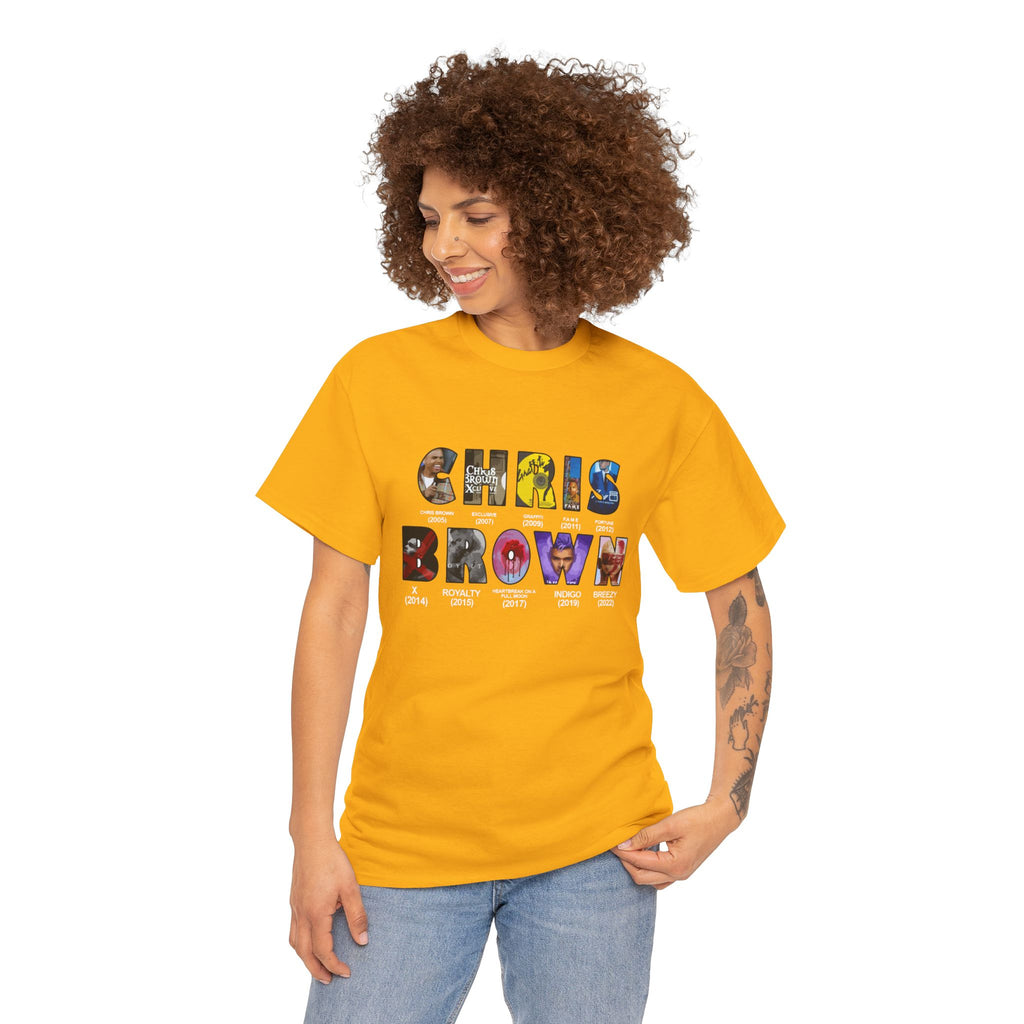 Chris Brown Graphic T-Shirt — Colorful Letter Collage Tee for Fans