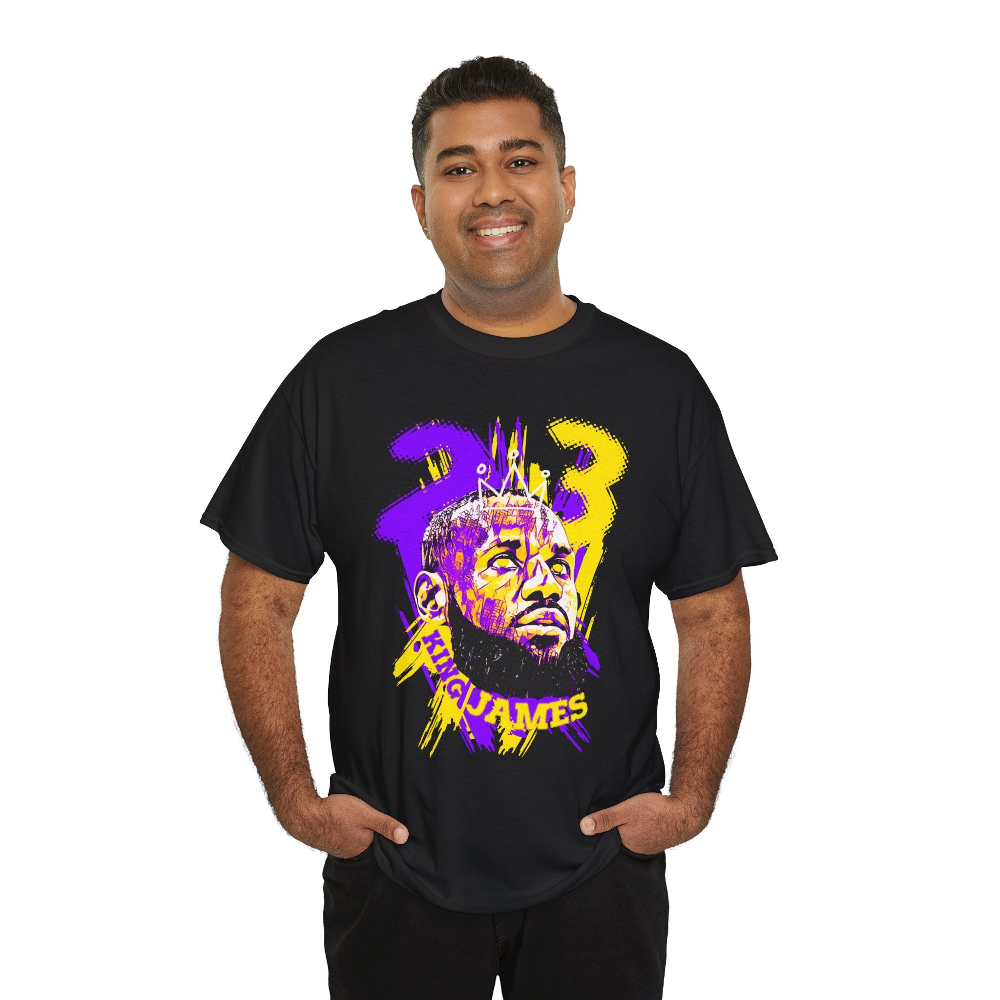 LeBron James Number 23 Graphic Tee — Bold Purple & Gold Portrait Basketball Tribute