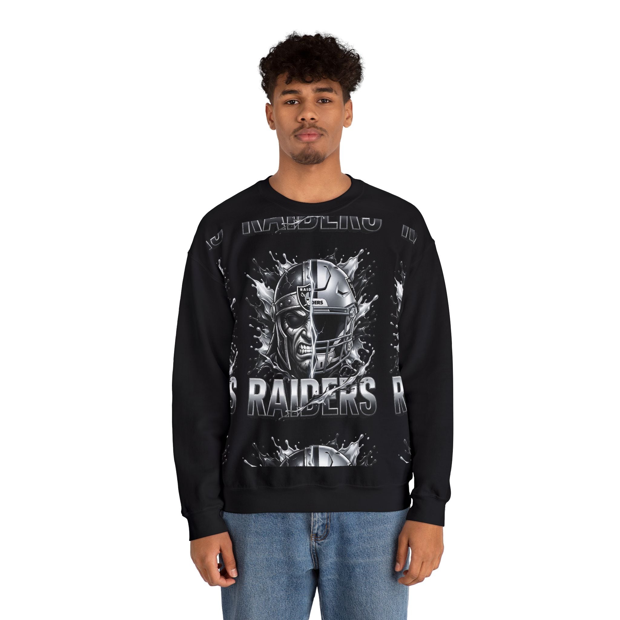 Raiders Graphic Sweatshirt — Silver Helmet & Raider Face Crewneck