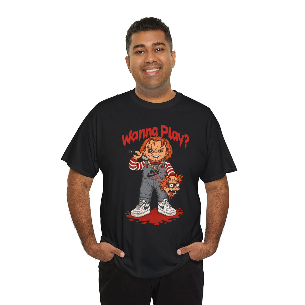 Horror Doll Graphic T-Shirt — "Wanna Play?" Creepy Chucky Style Tee
