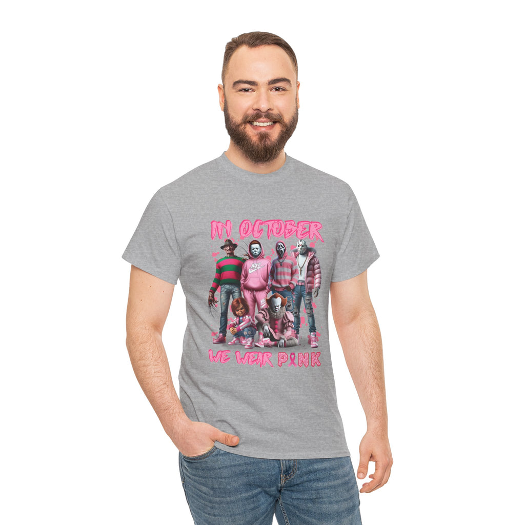 T-Shirt — "In October We Wear Pink" Breast Cancer Awareness Horror Characters Tee