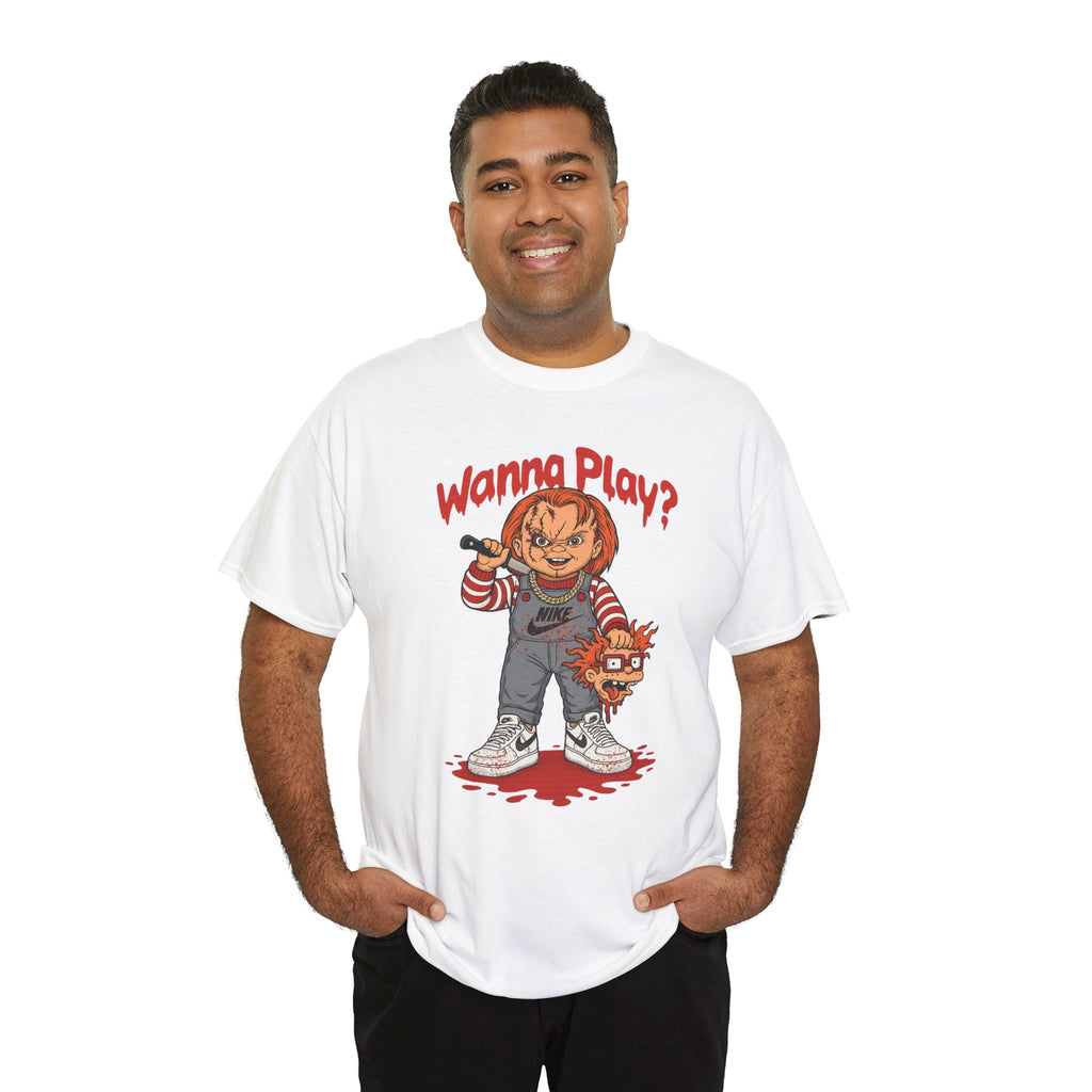 Horror Doll Graphic T-Shirt — "Wanna Play?" Creepy Chucky Style Tee
