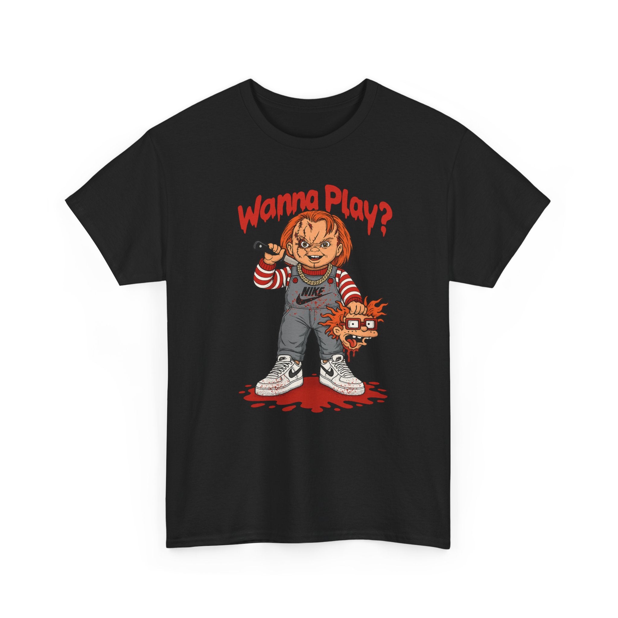 Horror Doll Graphic T-Shirt — "Wanna Play?" Creepy Chucky Style Tee