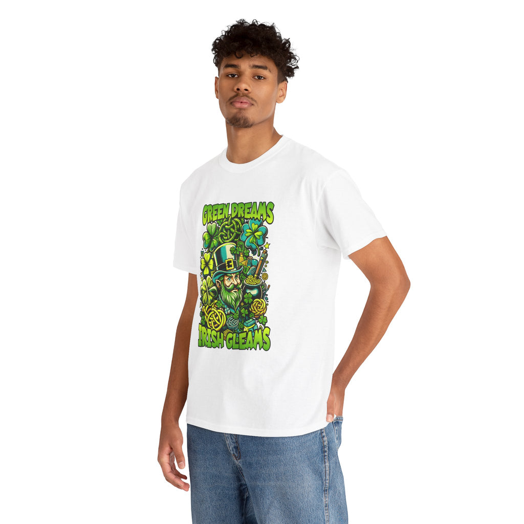 St. Patrick's Day Green Dreams Irish Gleams Tee — "Green Dreams, Irish Gleams" Leprechaun Graphic T-Shirt