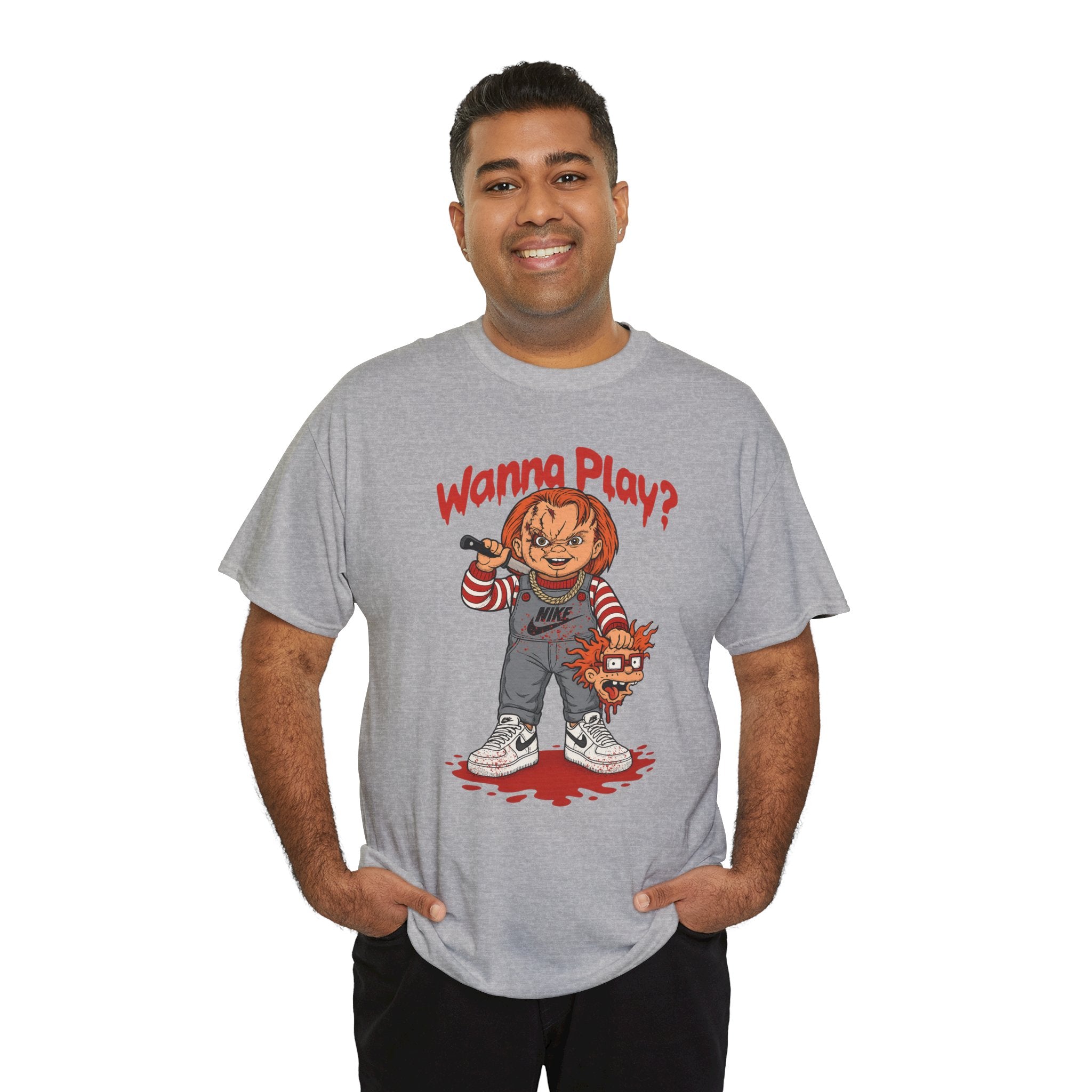 Horror Doll Graphic T-Shirt — "Wanna Play?" Creepy Chucky Style Tee