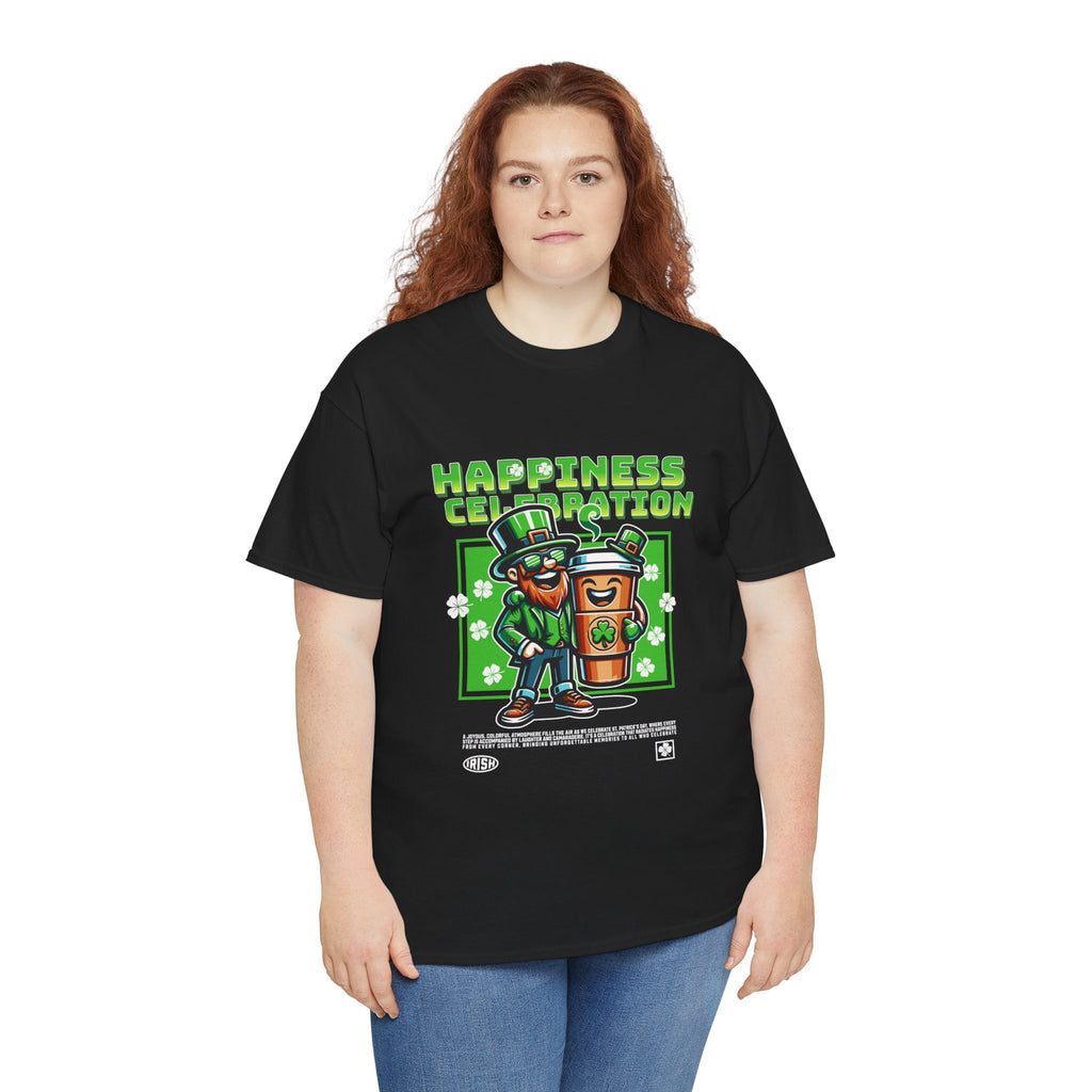 St. Patrick’s Day Happiness Celebration T-Shirt — "Happiness Celebration" Leprechaun with Beer Graphic