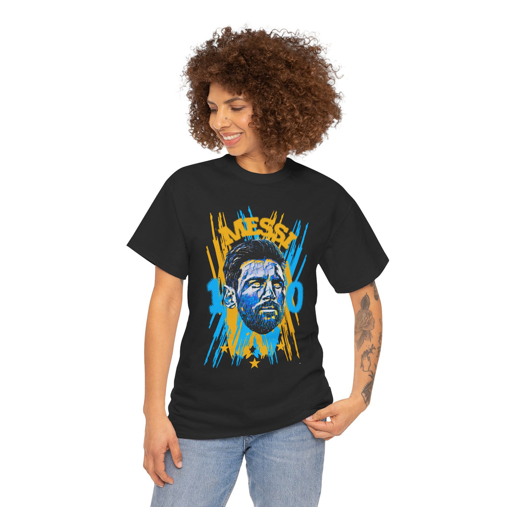 Messi 10 Graphic Tee — Retro Blue & Yellow Soccer Player Portrait