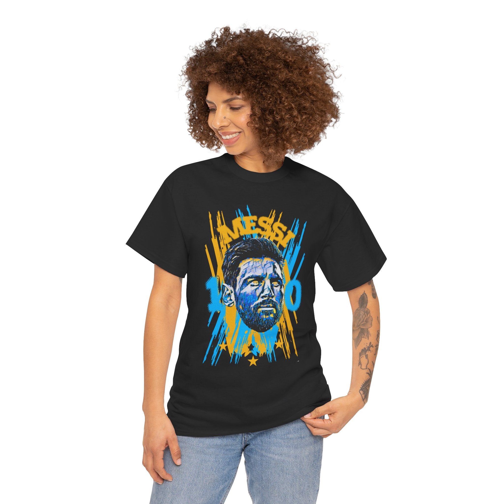 Messi 10 Graphic Tee — Retro Blue & Yellow Soccer Player Portrait