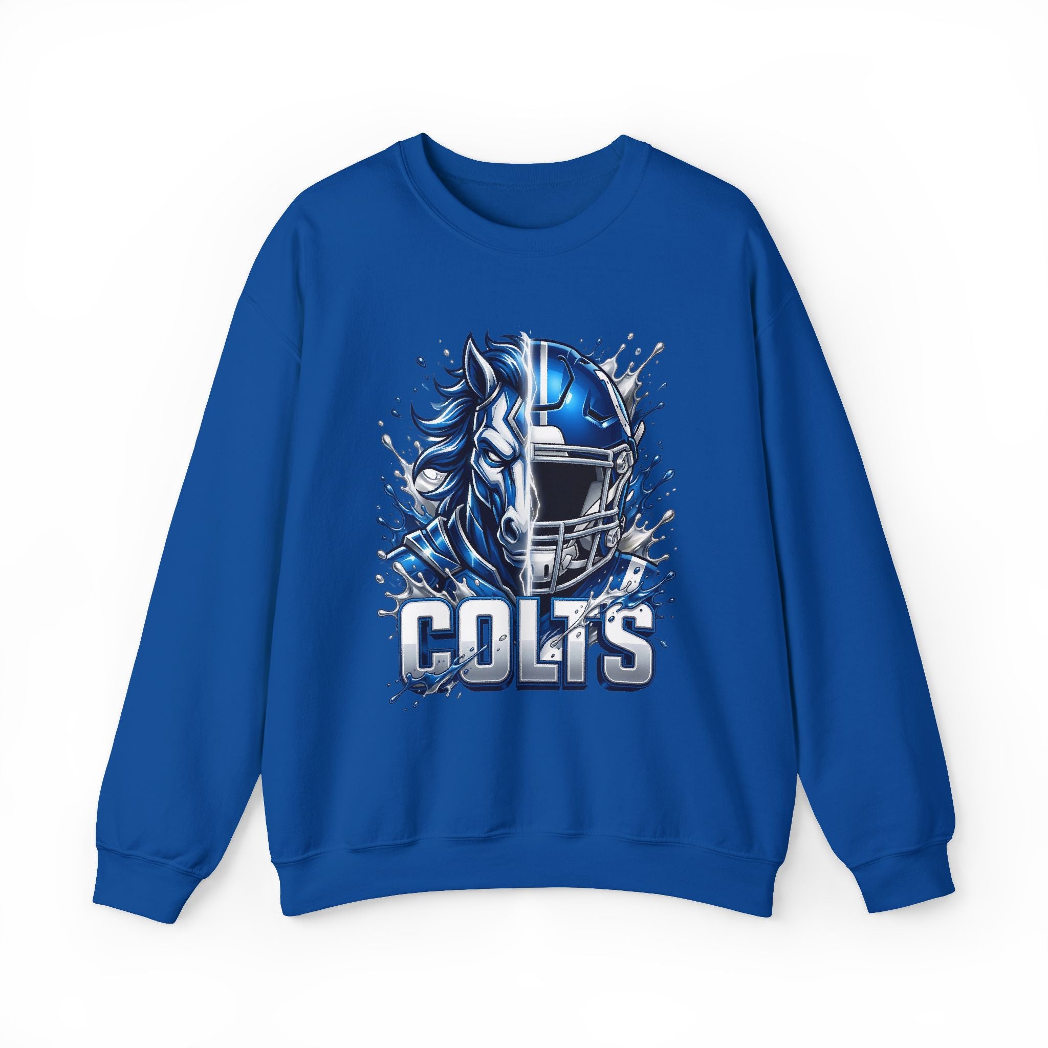 Colts Football Crewneck Sweatshirt — Blue Horse Helmet Team Graphic