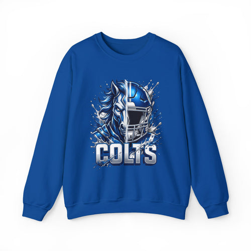 Colts Football Crewneck Sweatshirt — Blue Horse Helmet Team Graphic