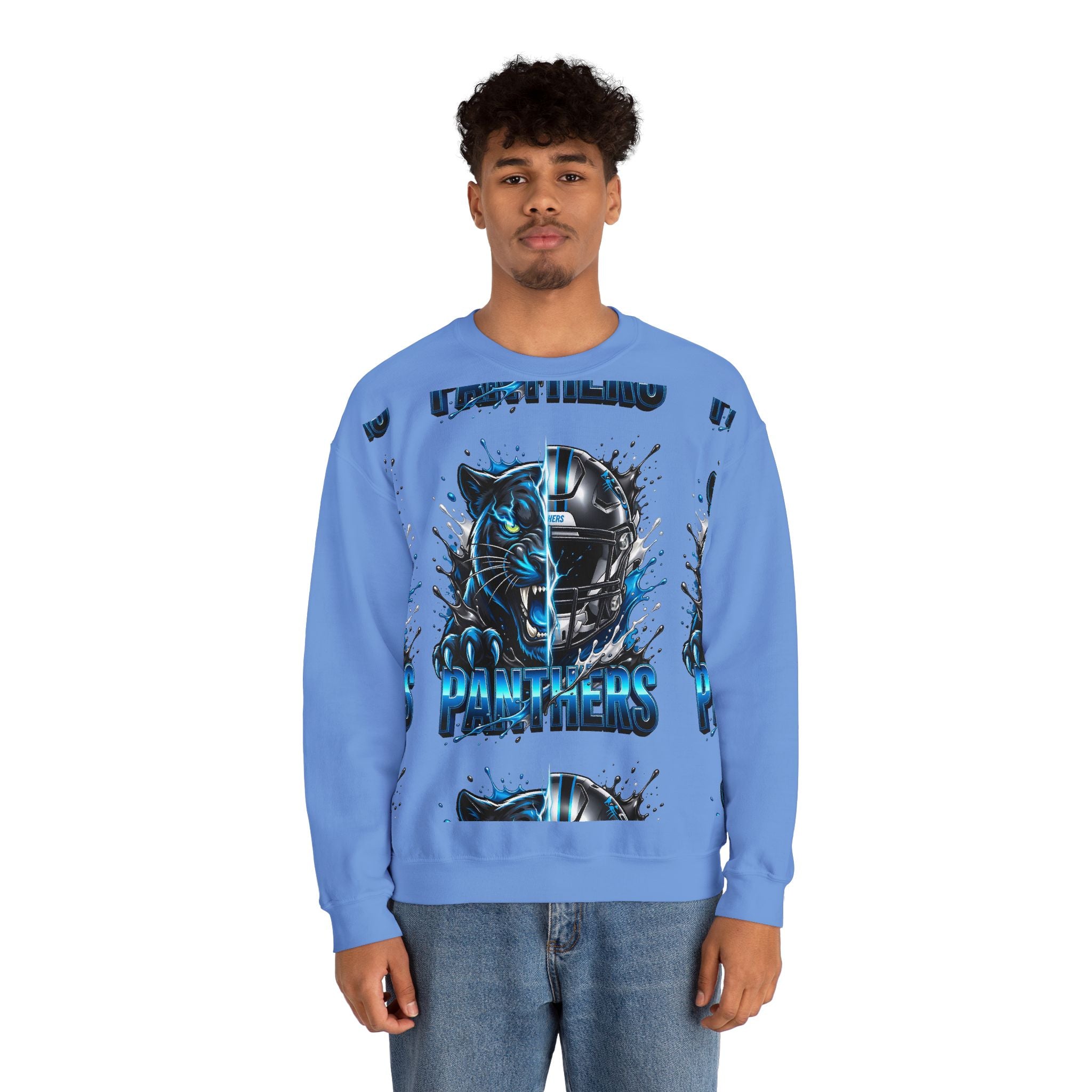 Panthers Split-Graphic Crewneck Sweatshirt — Blue Panther Helmet Design