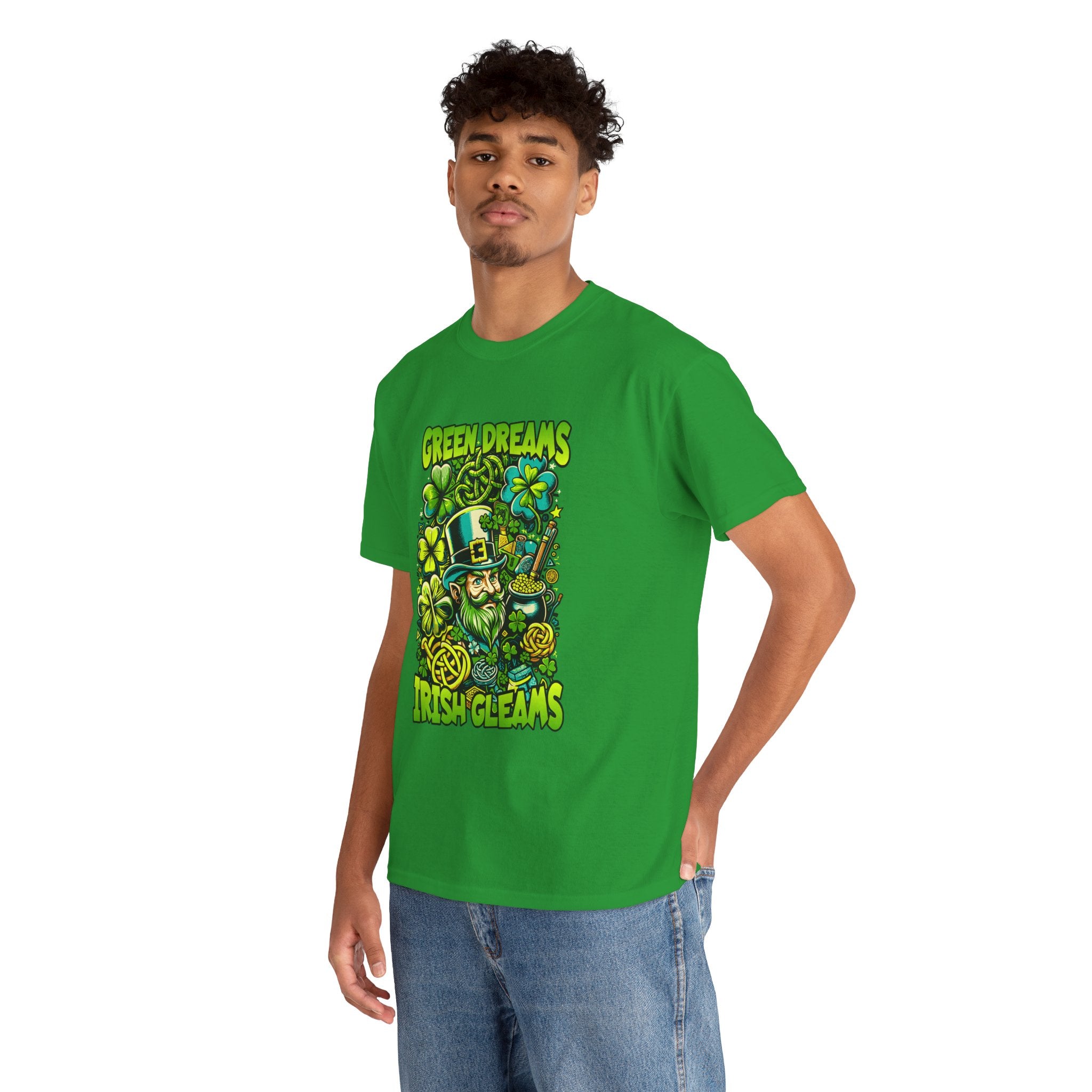St. Patrick's Day Green Dreams Irish Gleams Tee — "Green Dreams, Irish Gleams" Leprechaun Graphic T-Shirt