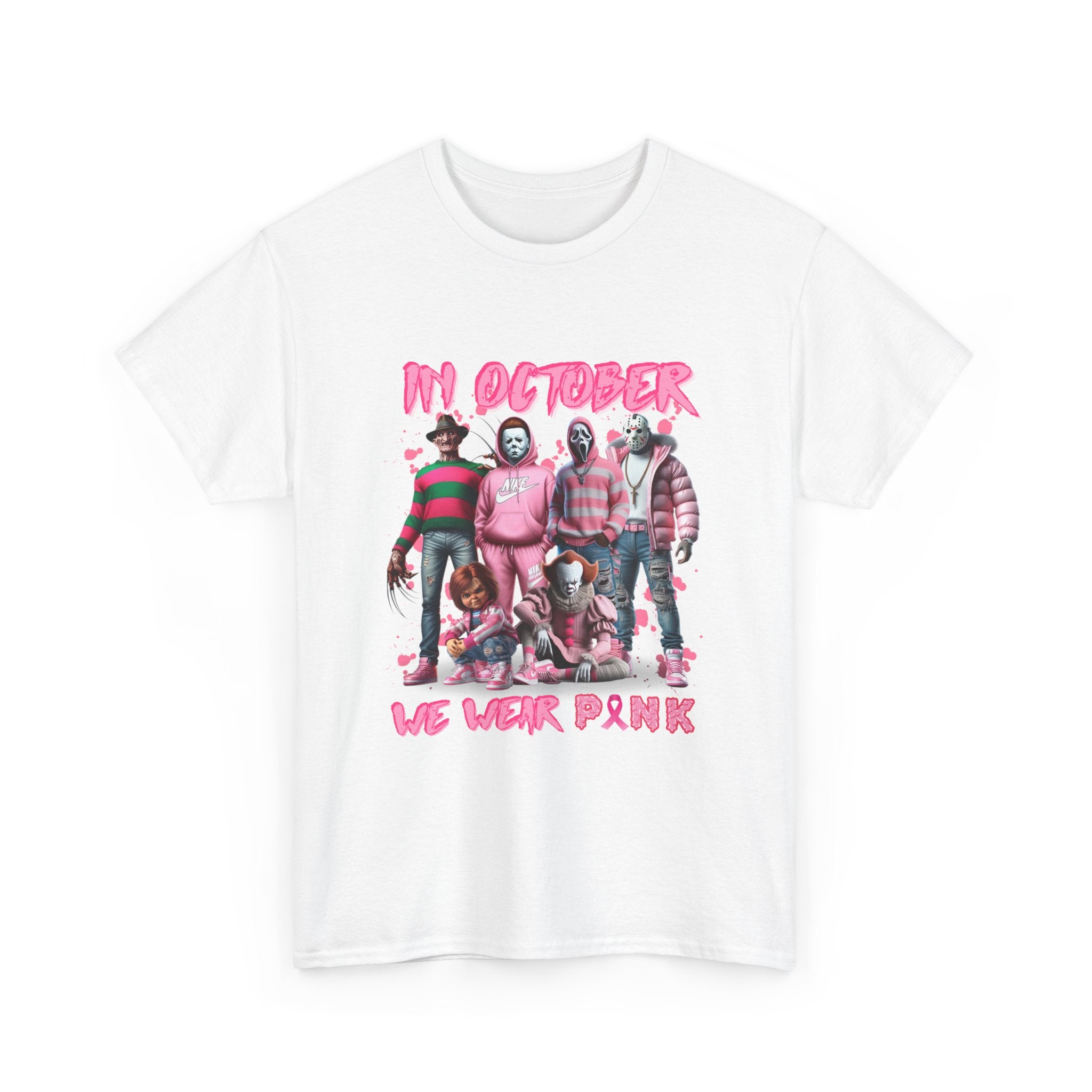 T-Shirt — "In October We Wear Pink" Breast Cancer Awareness Horror Characters Tee