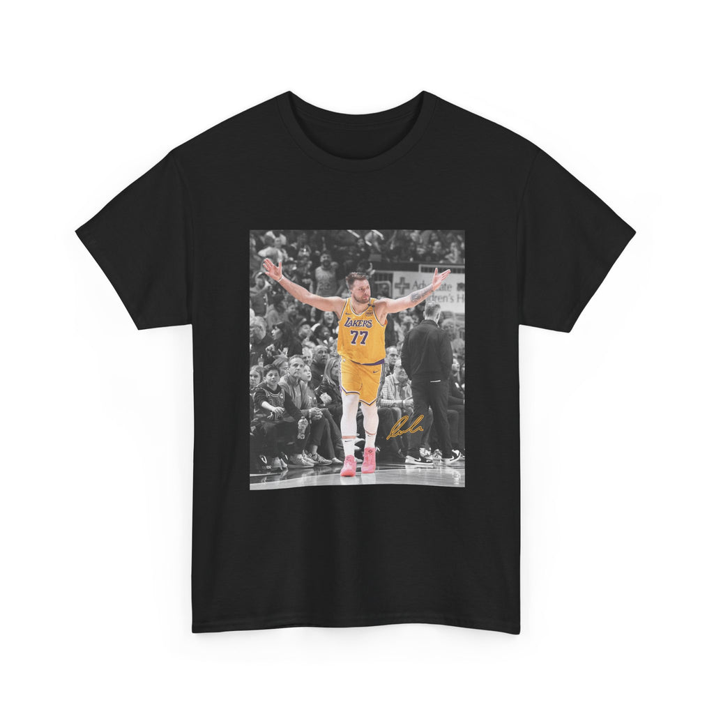 Luka Doncic Basketball Player Photo Tee — Number 77 Yellow Jersey