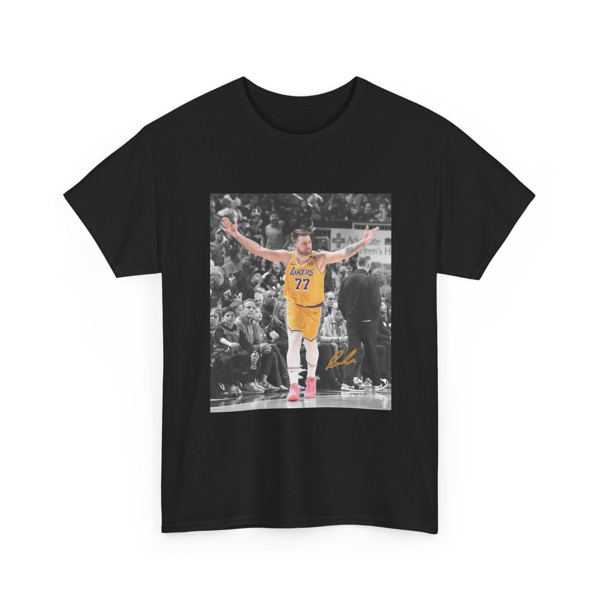 Luka Doncic Basketball Player Photo Tee — Number 77 Yellow Jersey