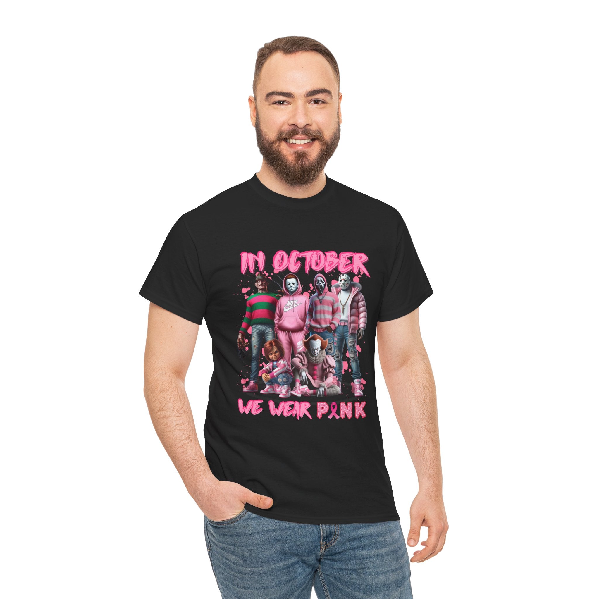 T-Shirt — "In October We Wear Pink" Breast Cancer Awareness Horror Characters Tee