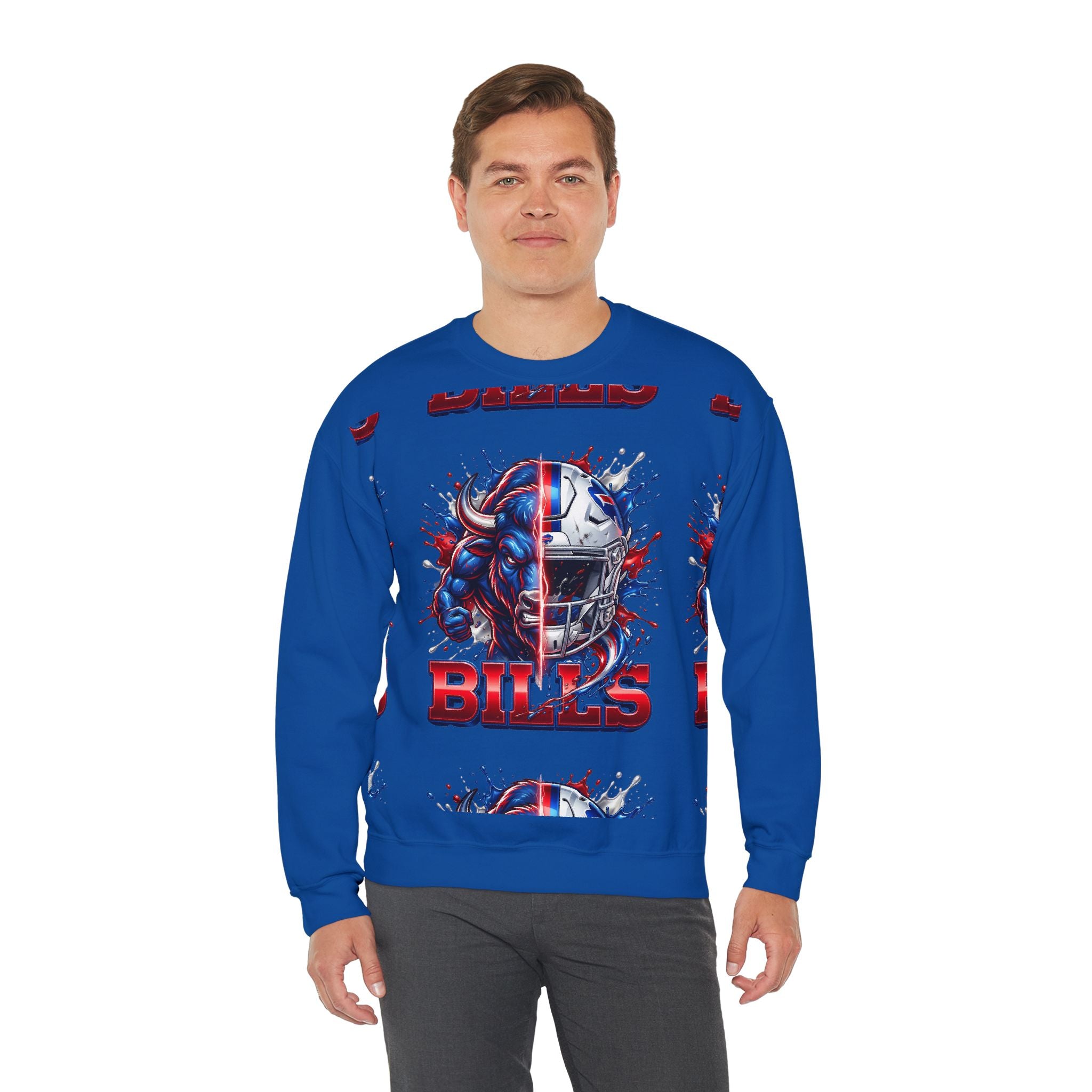 Bills Football Crewneck Sweatshirt — Buffalo Helmet & Bison Graphic