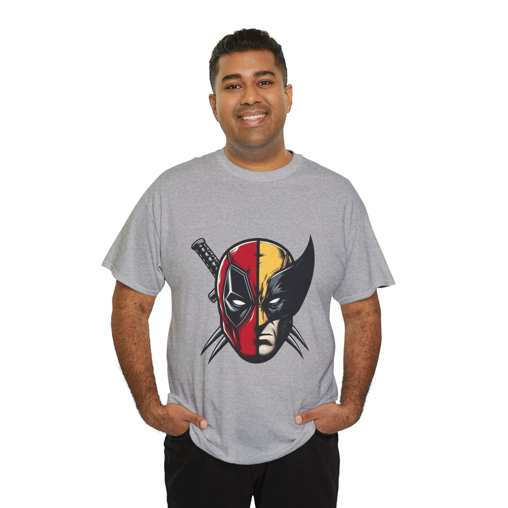 Deadpool x Wolverine Comic Mashup Mask T‑Shirt — Deadpool x Wolverine Face Graphic Tee