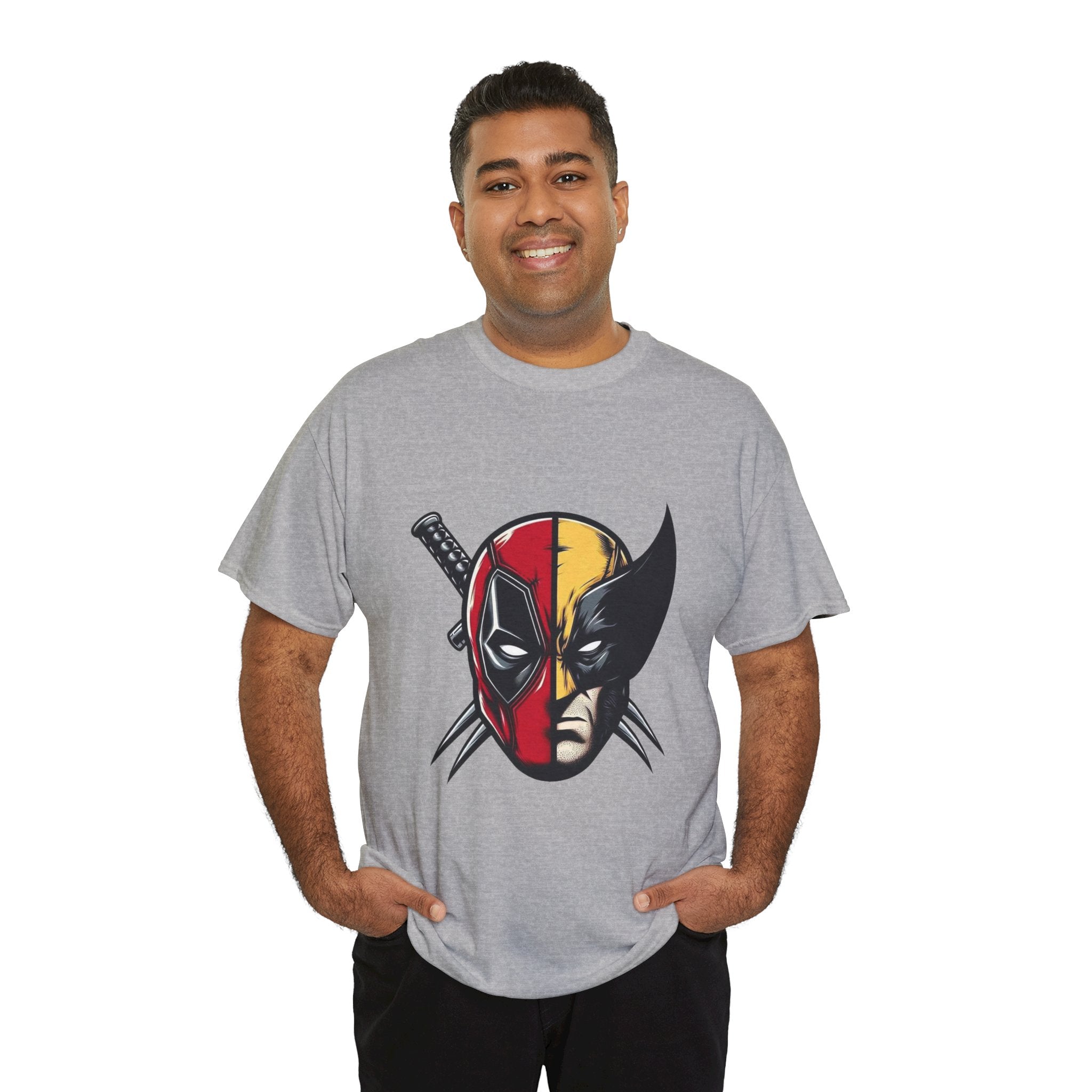 Deadpool x Wolverine Comic Mashup Mask T‑Shirt — Deadpool x Wolverine Face Graphic Tee