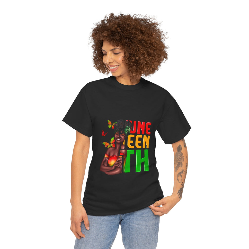 Juneteenth T-Shirt — Black Woman with Afro & Butterflies Juneteenth Celebration Tee