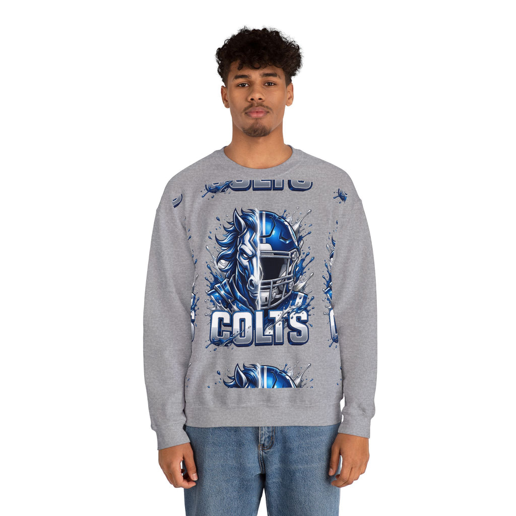 Colts Football Crewneck Sweatshirt — Blue Horse Helmet Team Graphic