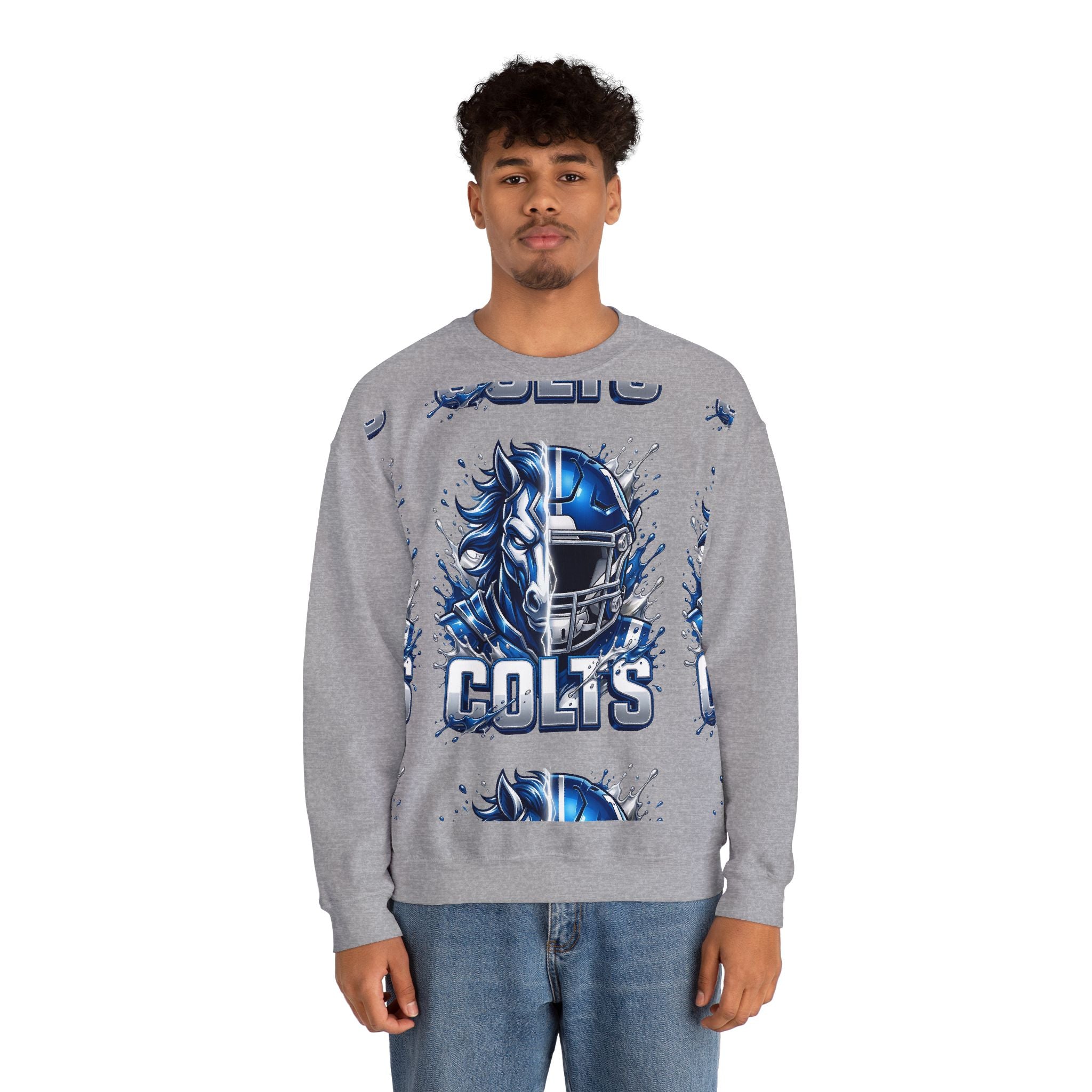 Colts Football Crewneck Sweatshirt — Blue Horse Helmet Team Graphic