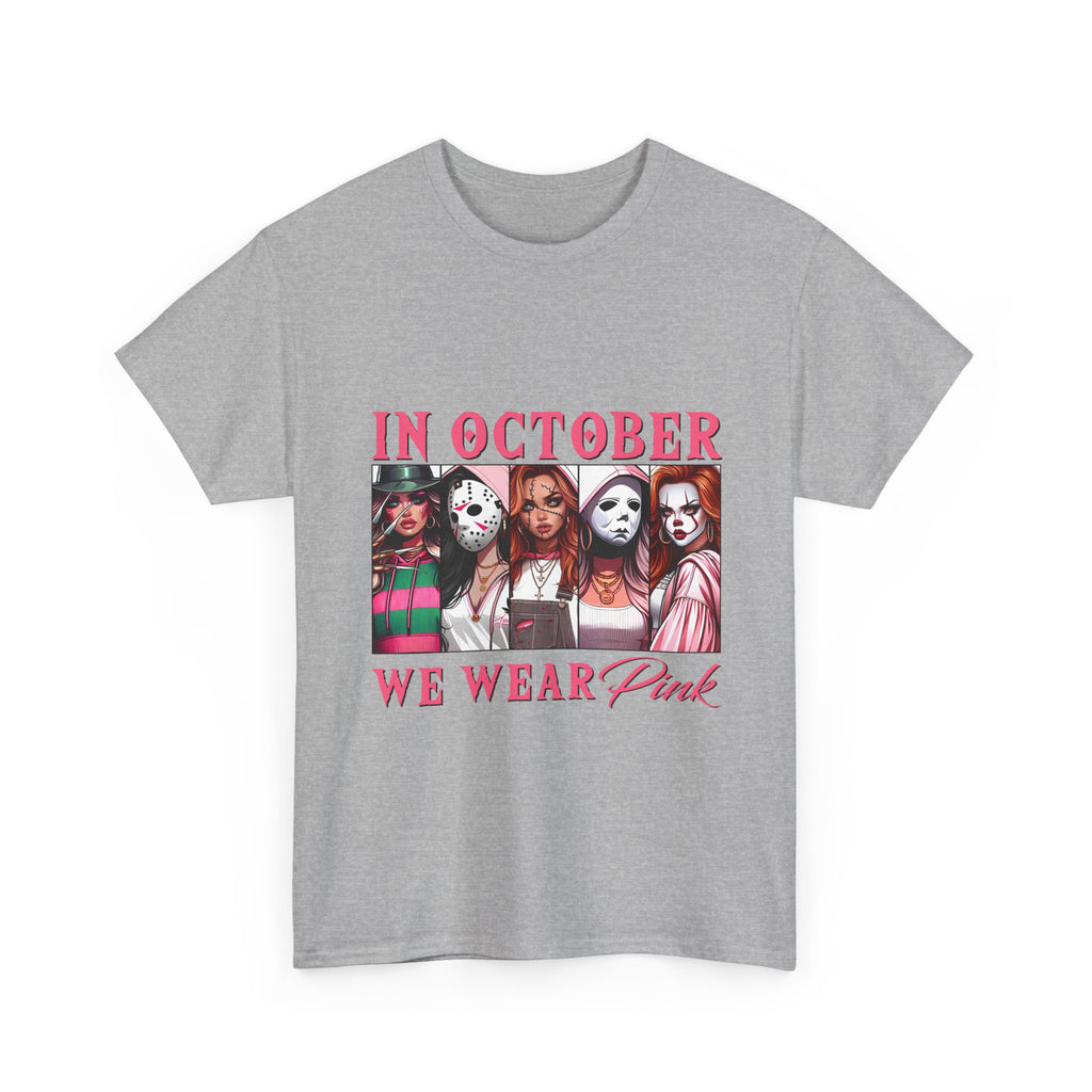 October We Wear Pink Horror Movie Characters T-Shirt — Breast Cancer Awareness Tee