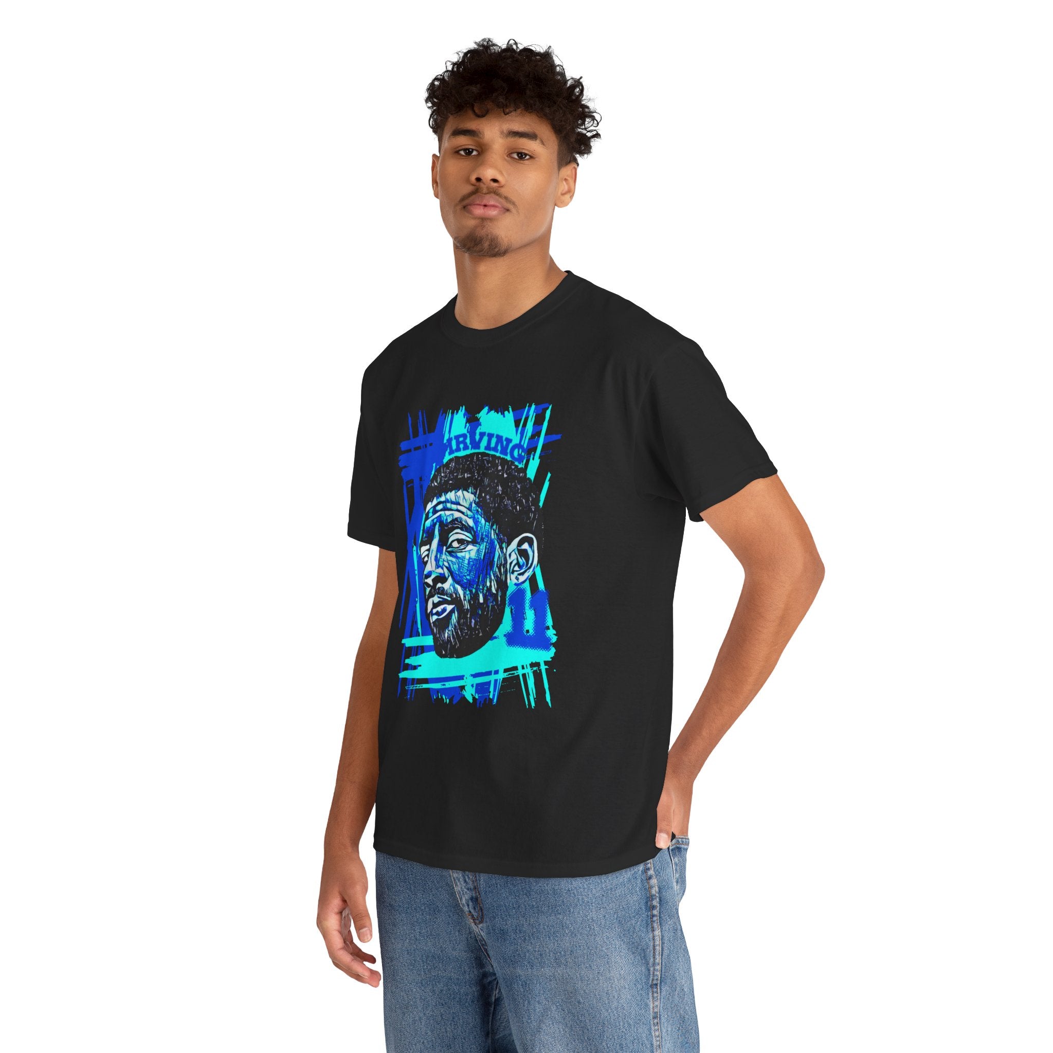 Kyrie Irving 11 Graphic Portrait Tee — Blue Abstract Face Design