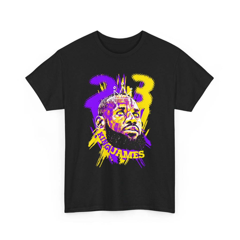 LeBron James Number 23 Graphic Tee — Bold Purple & Gold Portrait Basketball Tribute