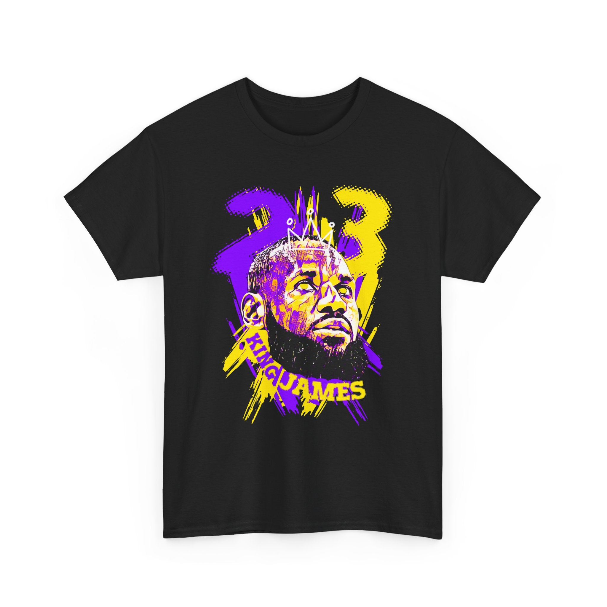 LeBron James Number 23 Graphic Tee — Bold Purple & Gold Portrait Basketball Tribute