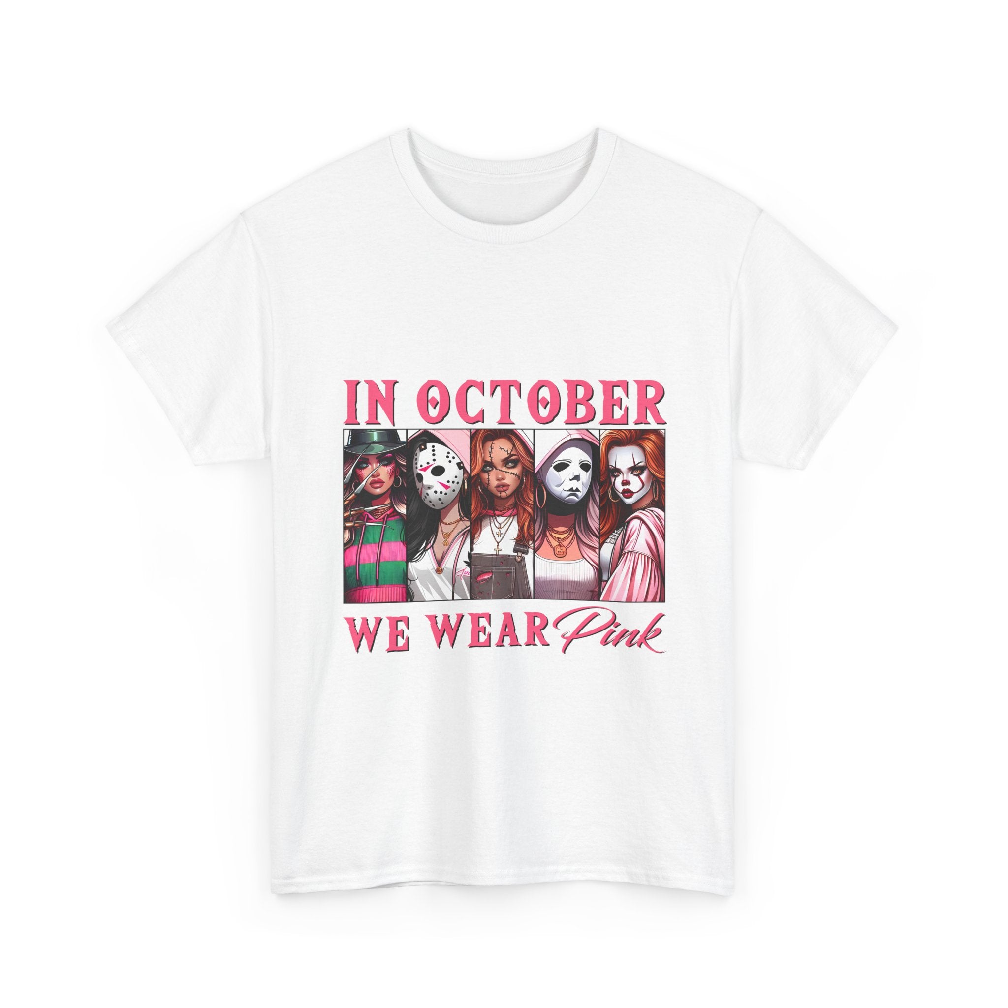 October We Wear Pink Horror Movie Characters T-Shirt — Breast Cancer Awareness Tee